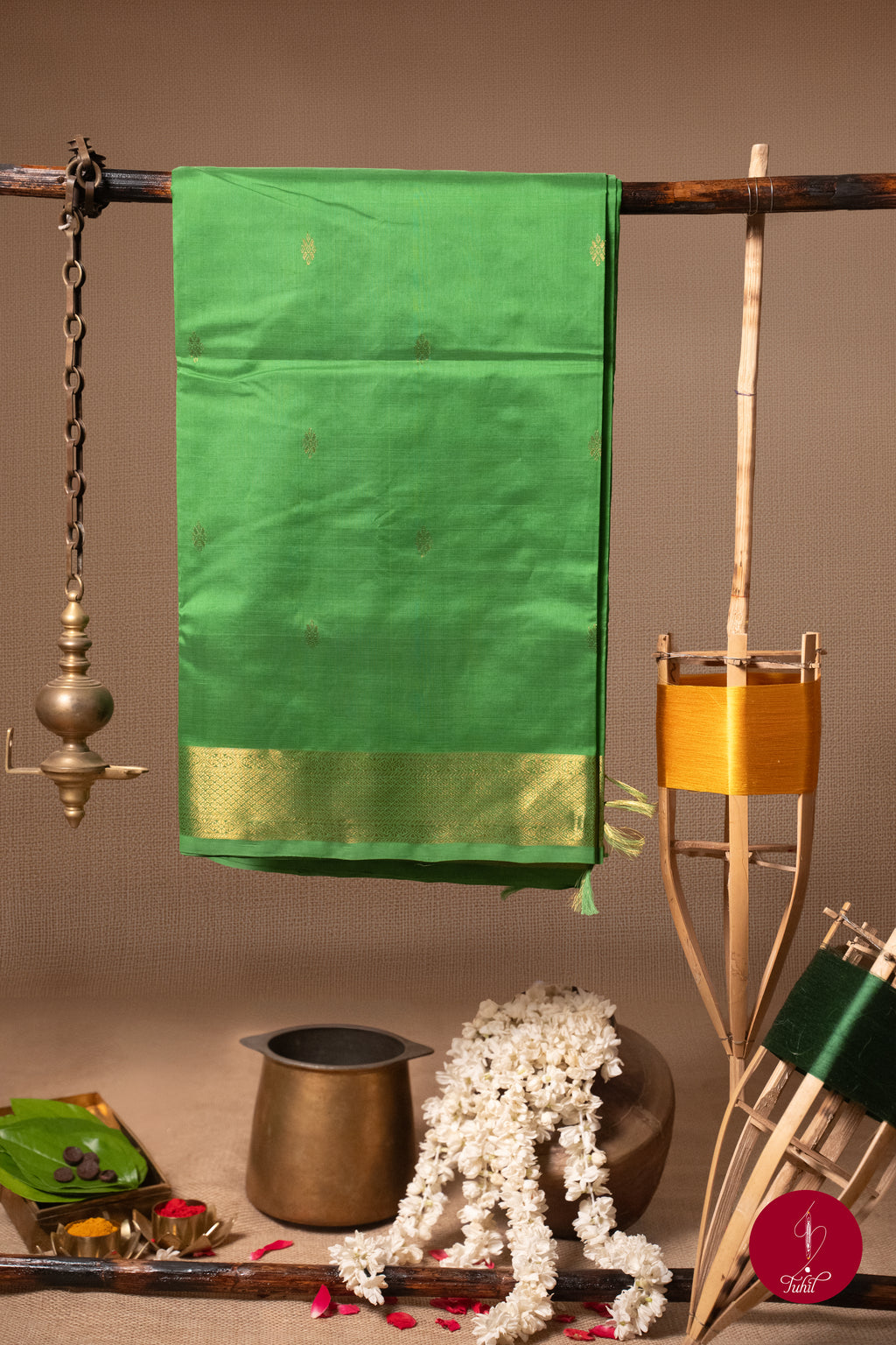 Kanchipuram Silk Cotton Saree - Parrot Green