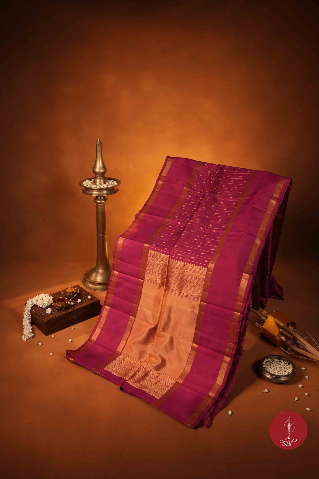 Pure Silk Pure Zari Handloom Kanchipuram Saree - Pink Berry with Dull Gold