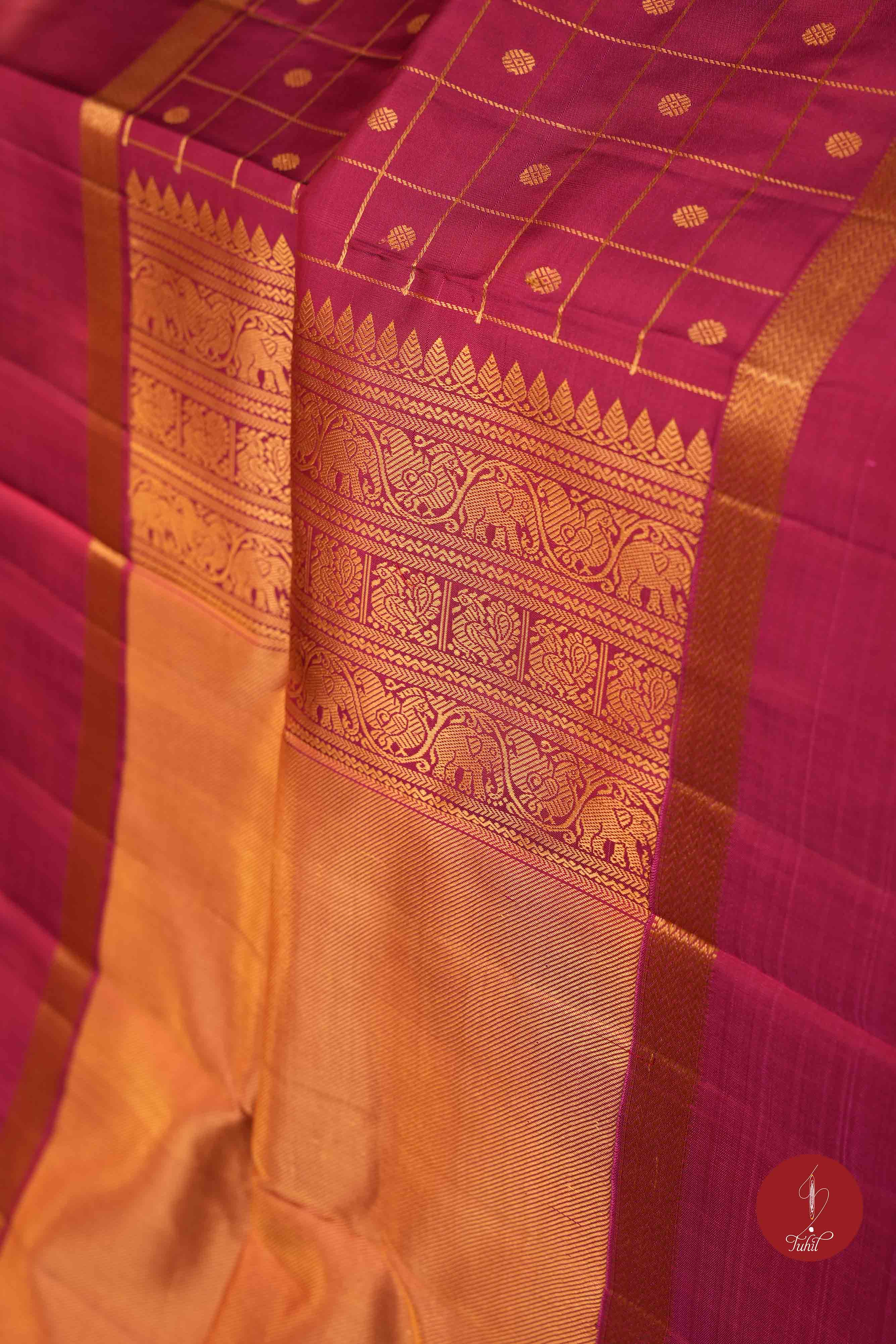 Pure Silk Pure Zari Handloom Kanchipuram Saree - Pink Berry with Dull Gold