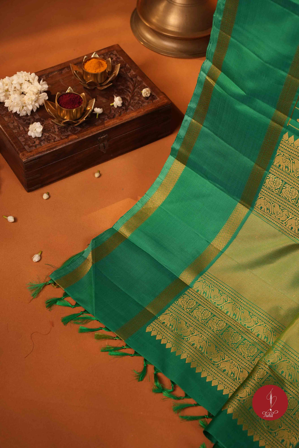 Pure Silk Pure Zari Handloom Kanchipuram Saree - Light Forest Green with Dull Gold