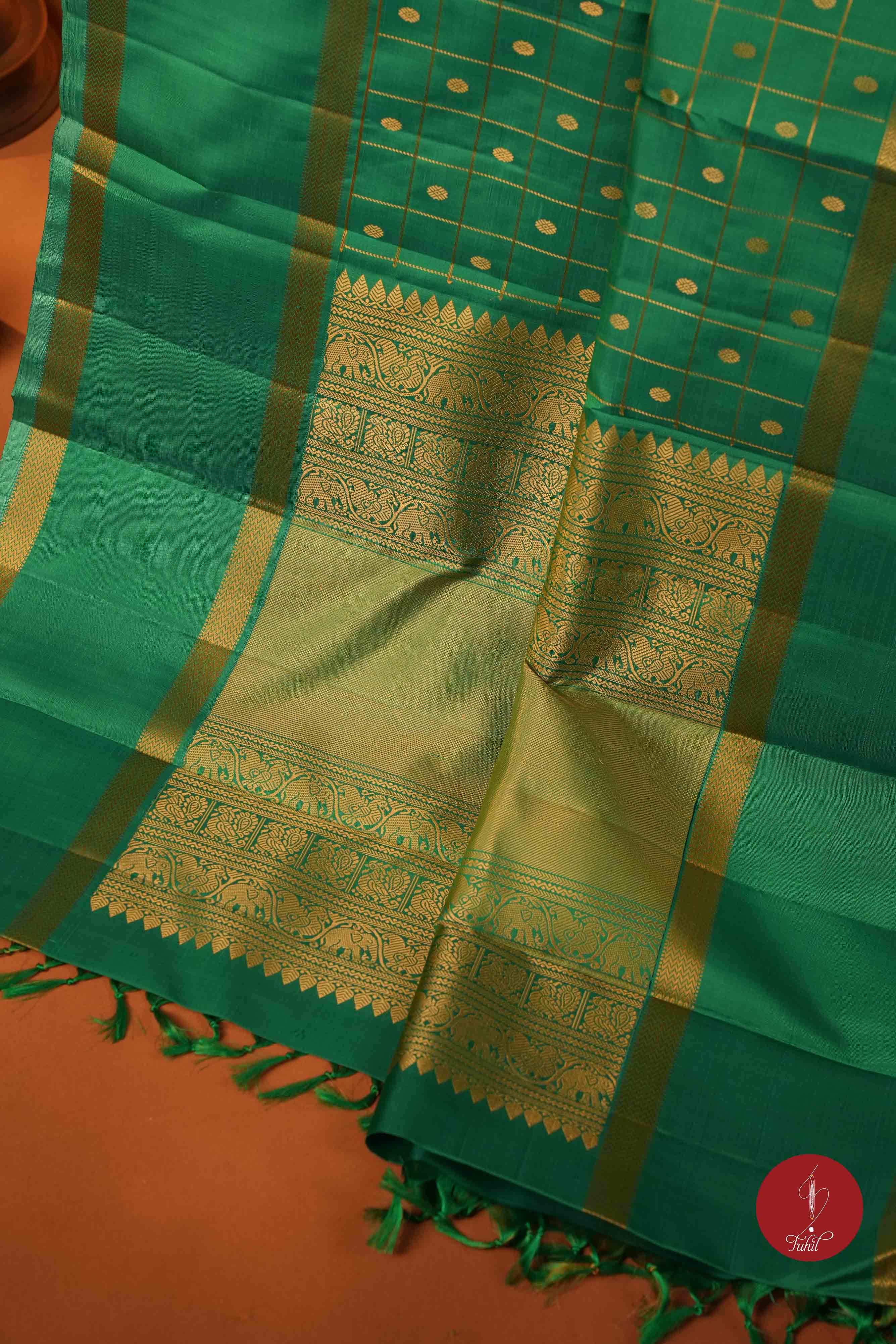 Pure Silk Pure Zari Handloom Kanchipuram Saree - Light Forest Green with Dull Gold