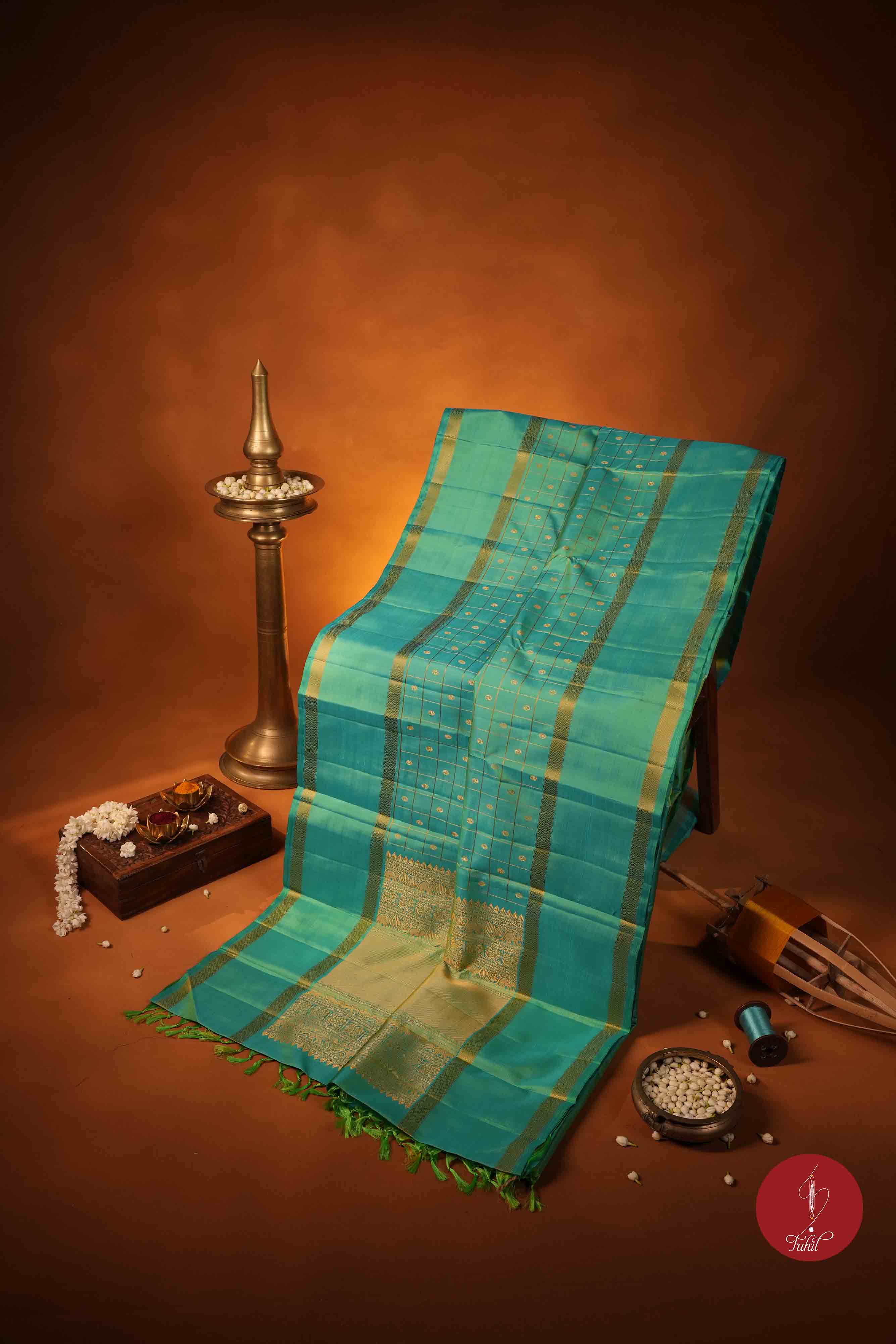 Pure Silk Pure Zari Handloom Kanchipuram Saree - Ananda Blue Green with Dull Gold