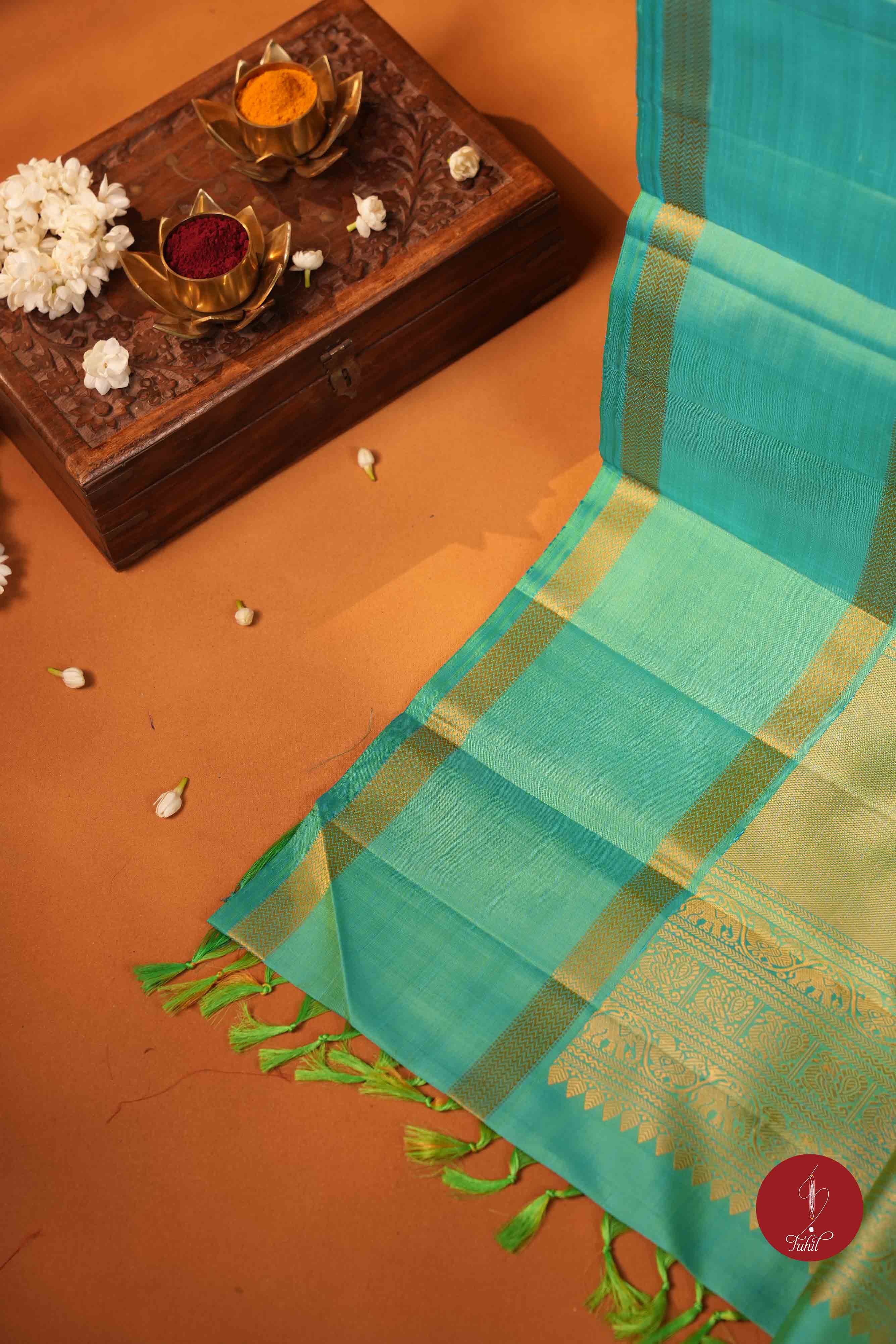 Pure Silk Pure Zari Handloom Kanchipuram Saree - Ananda Blue Green with Dull Gold