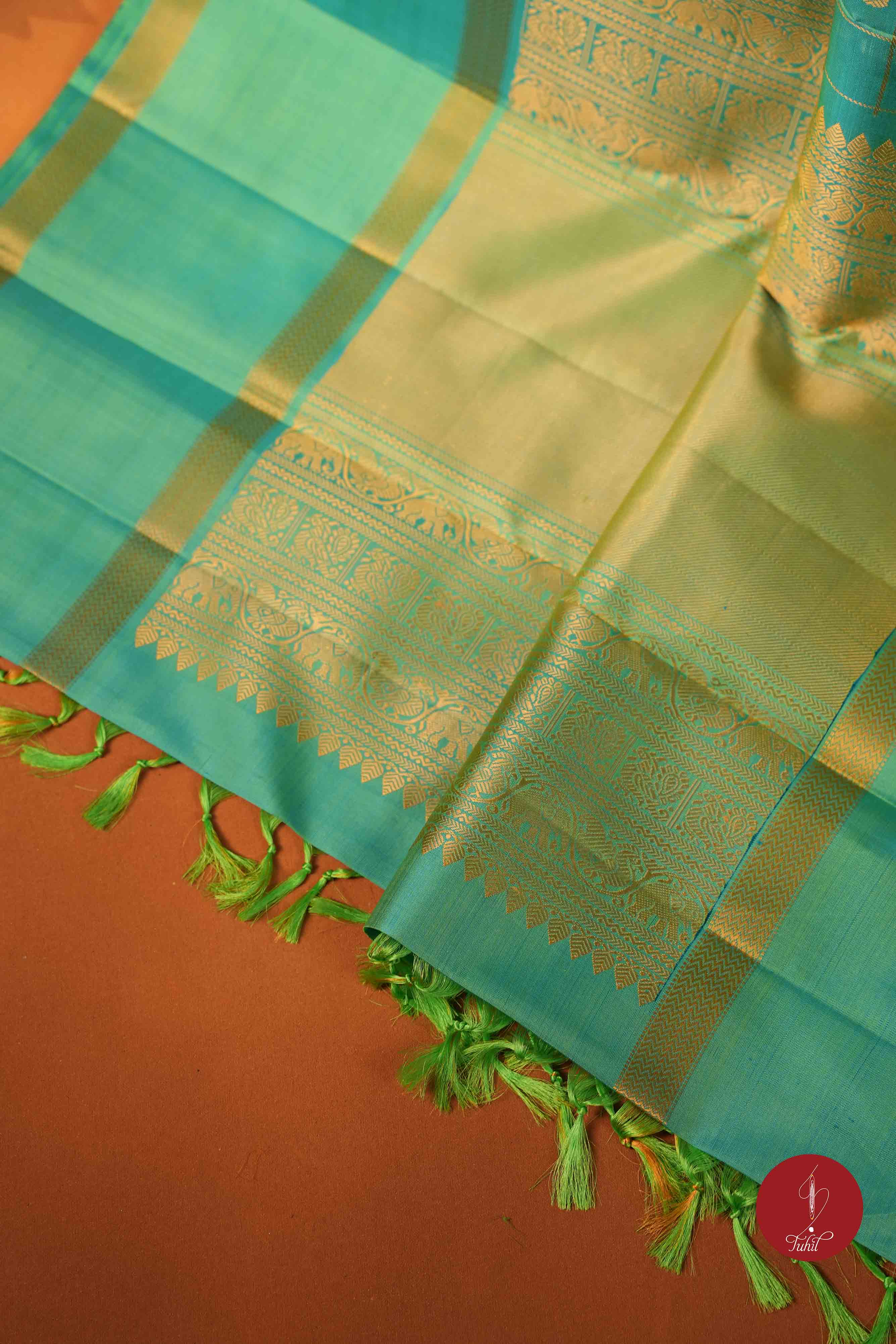 Pure Silk Pure Zari Handloom Kanchipuram Saree - Ananda Blue Green with Dull Gold