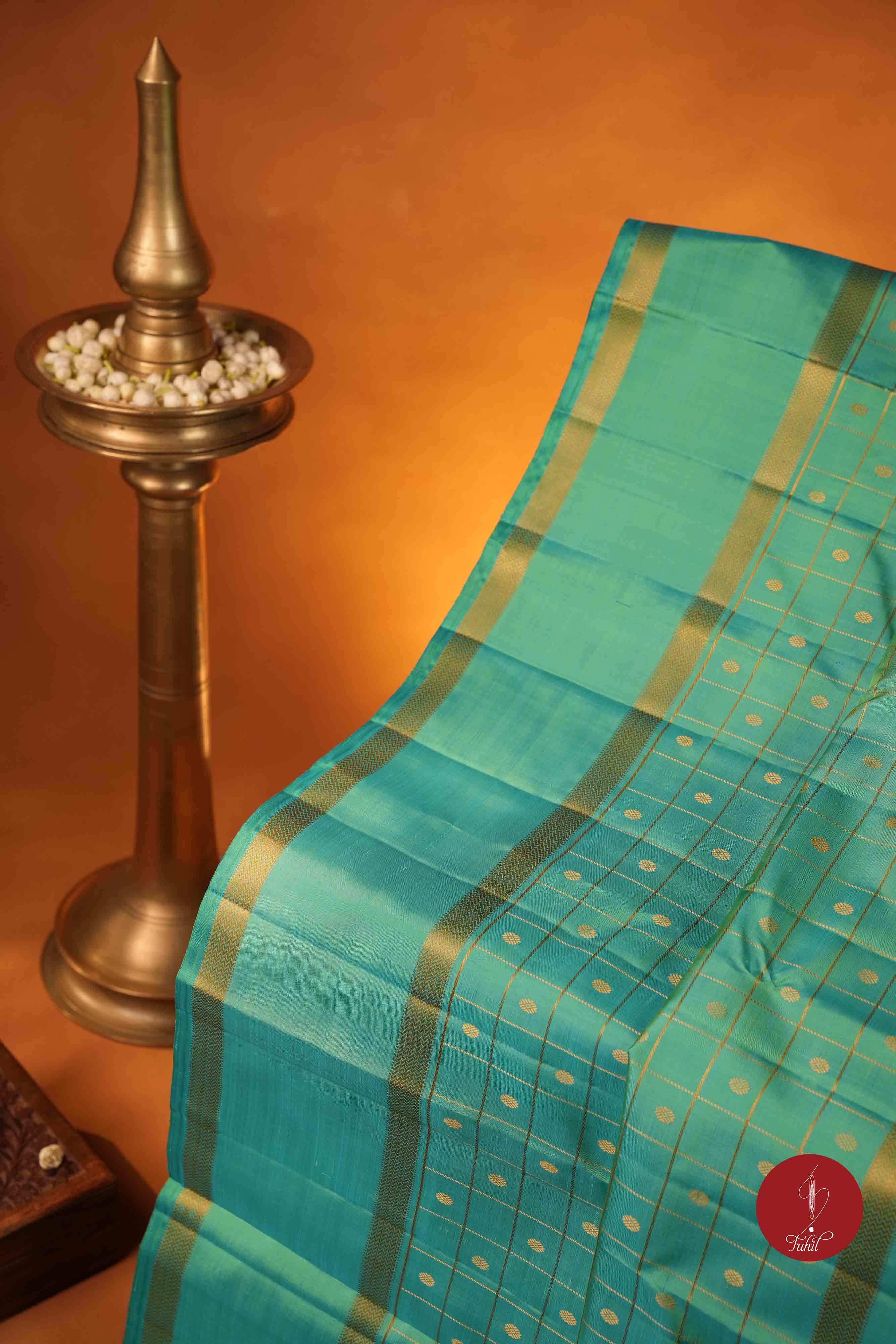 Pure Silk Pure Zari Handloom Kanchipuram Saree - Ananda Blue Green with Dull Gold