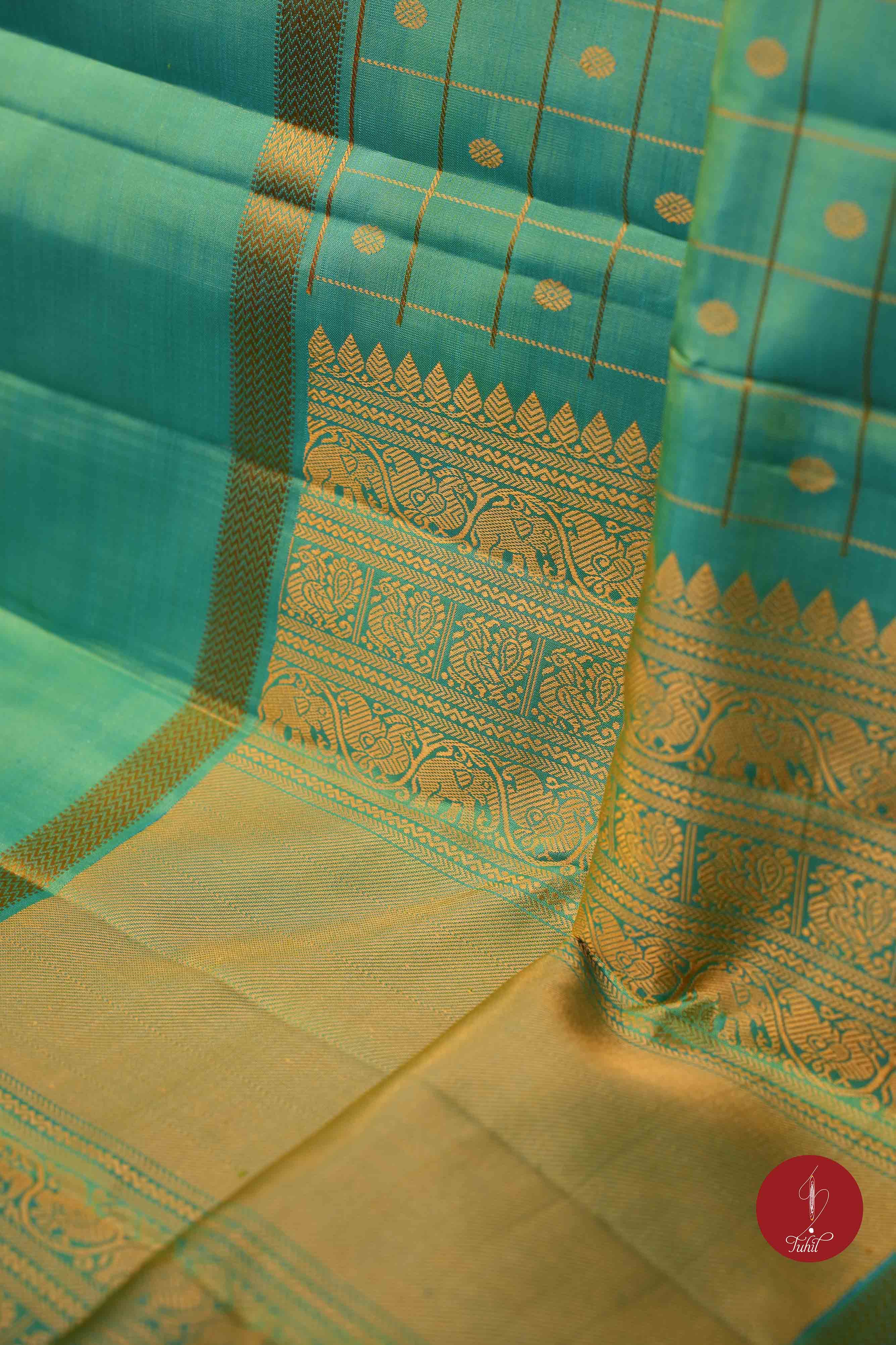 Pure Silk Pure Zari Handloom Kanchipuram Saree - Ananda Blue Green with Dull Gold