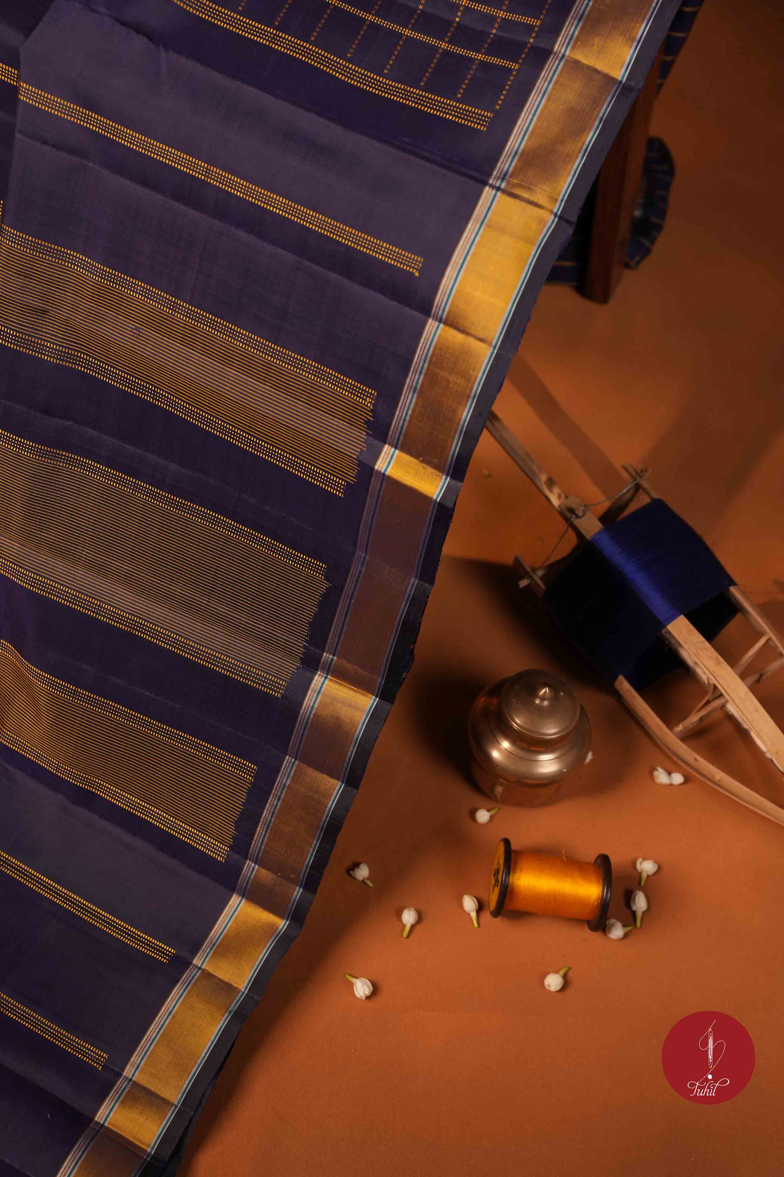 Pure Silk Pure Zari Handloom Kanchipuram Saree - Navy Blue Muthu Kattam
