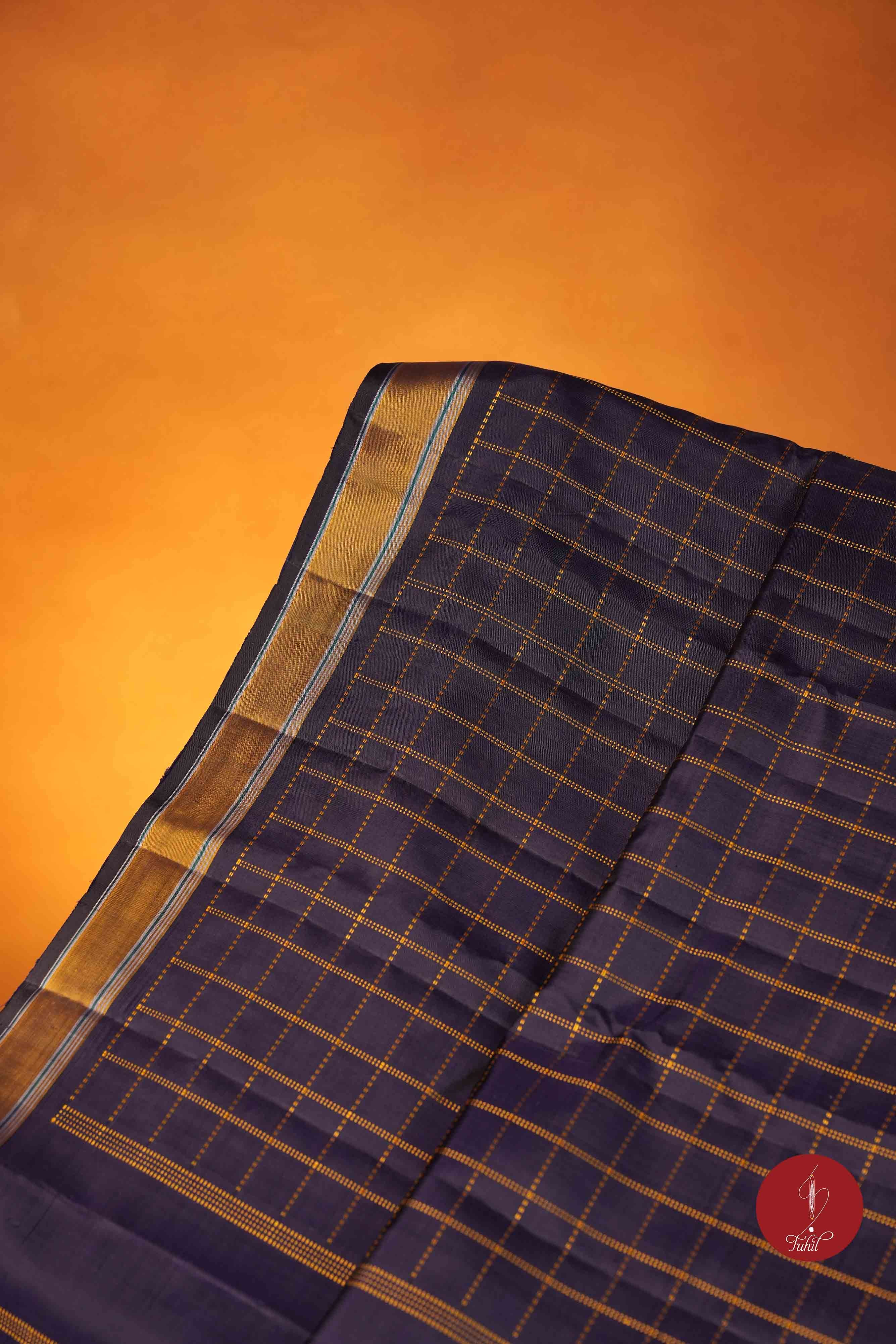 Pure Silk Pure Zari Handloom Kanchipuram Saree - Navy Blue Muthu Kattam