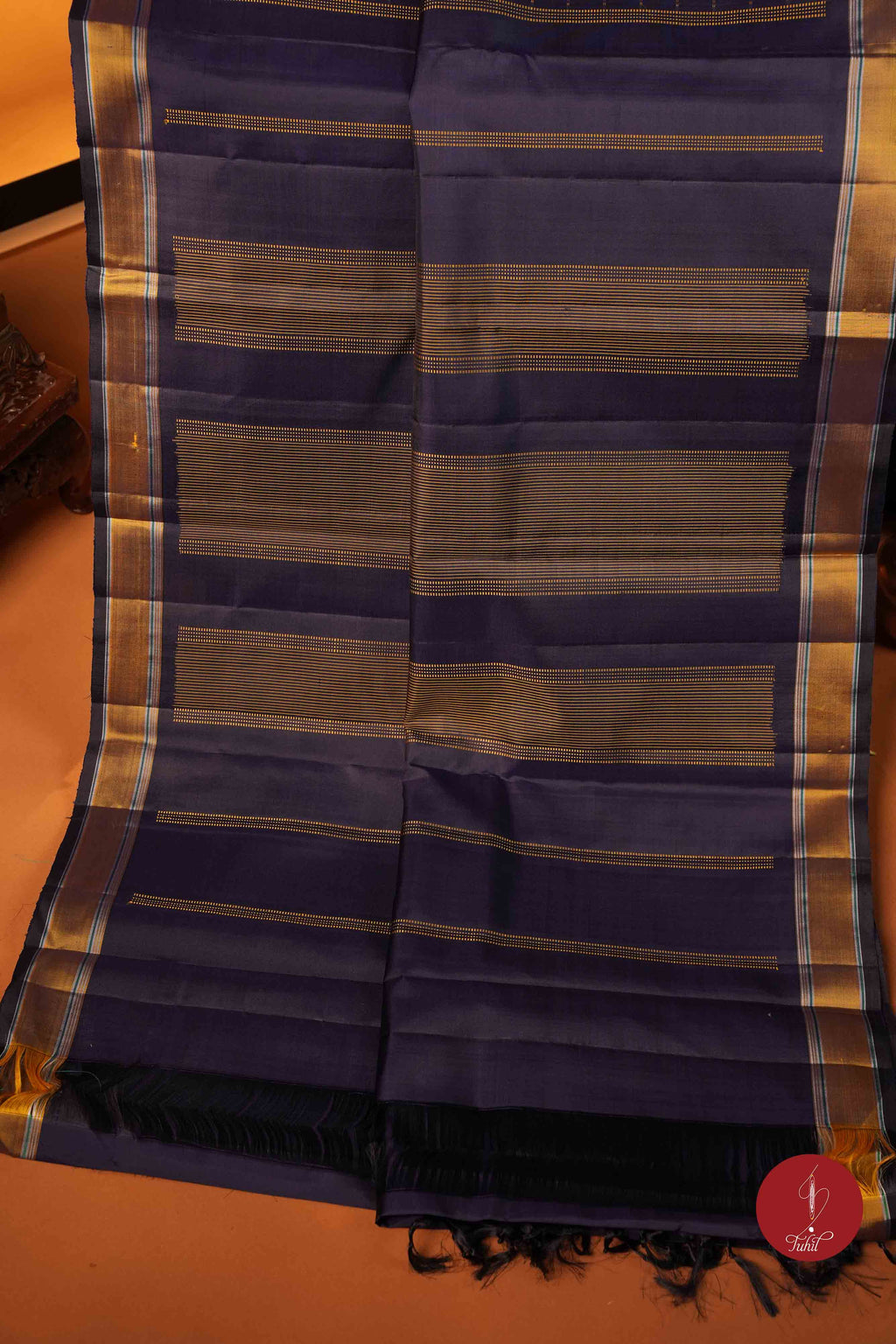 Pure Silk Pure Zari Handloom Kanchipuram Saree - Navy Blue Muthu Kattam