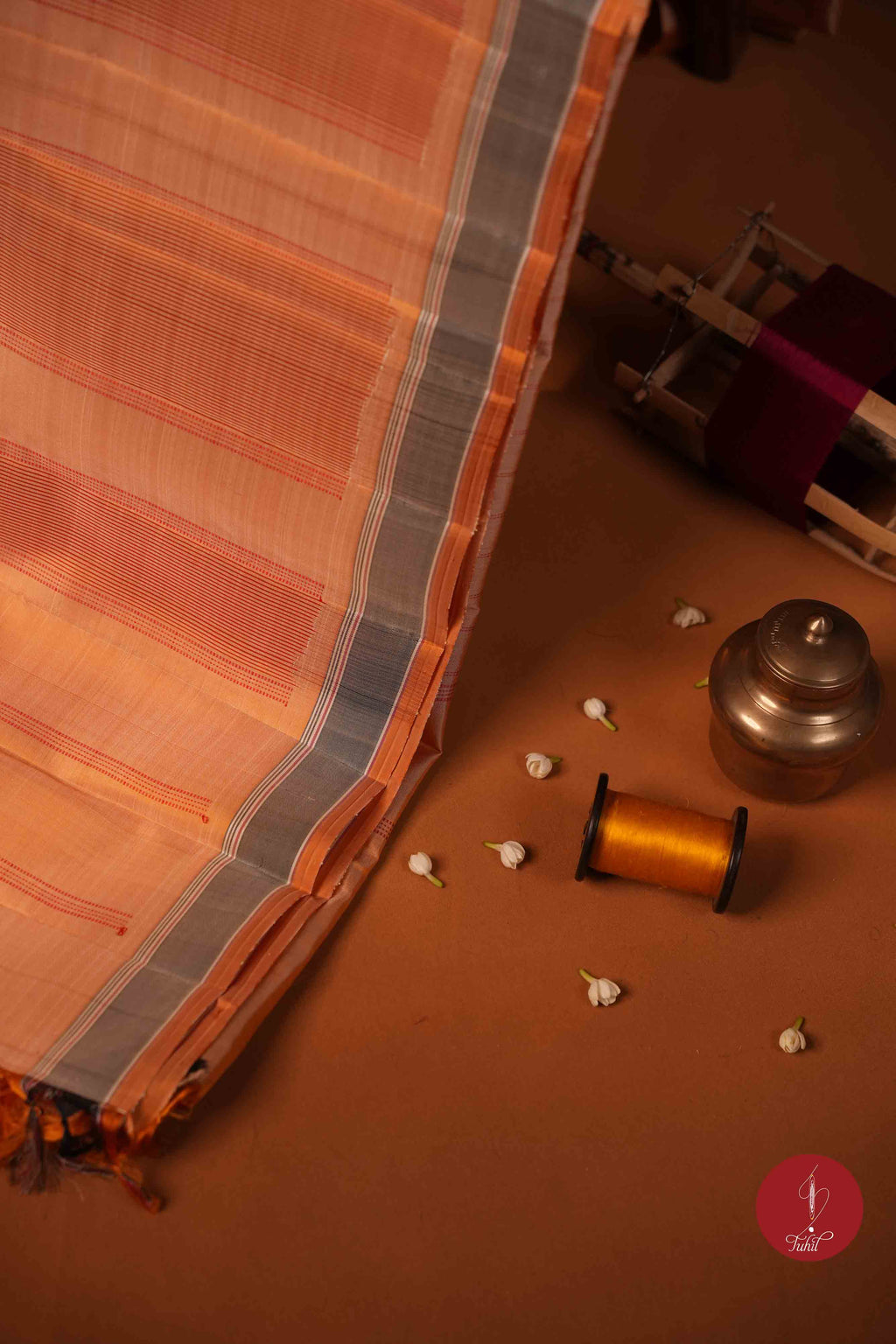 Pure Silk Pure Zari Handloom Kanchipuram Saree - Light Apricot Muthu Kattam