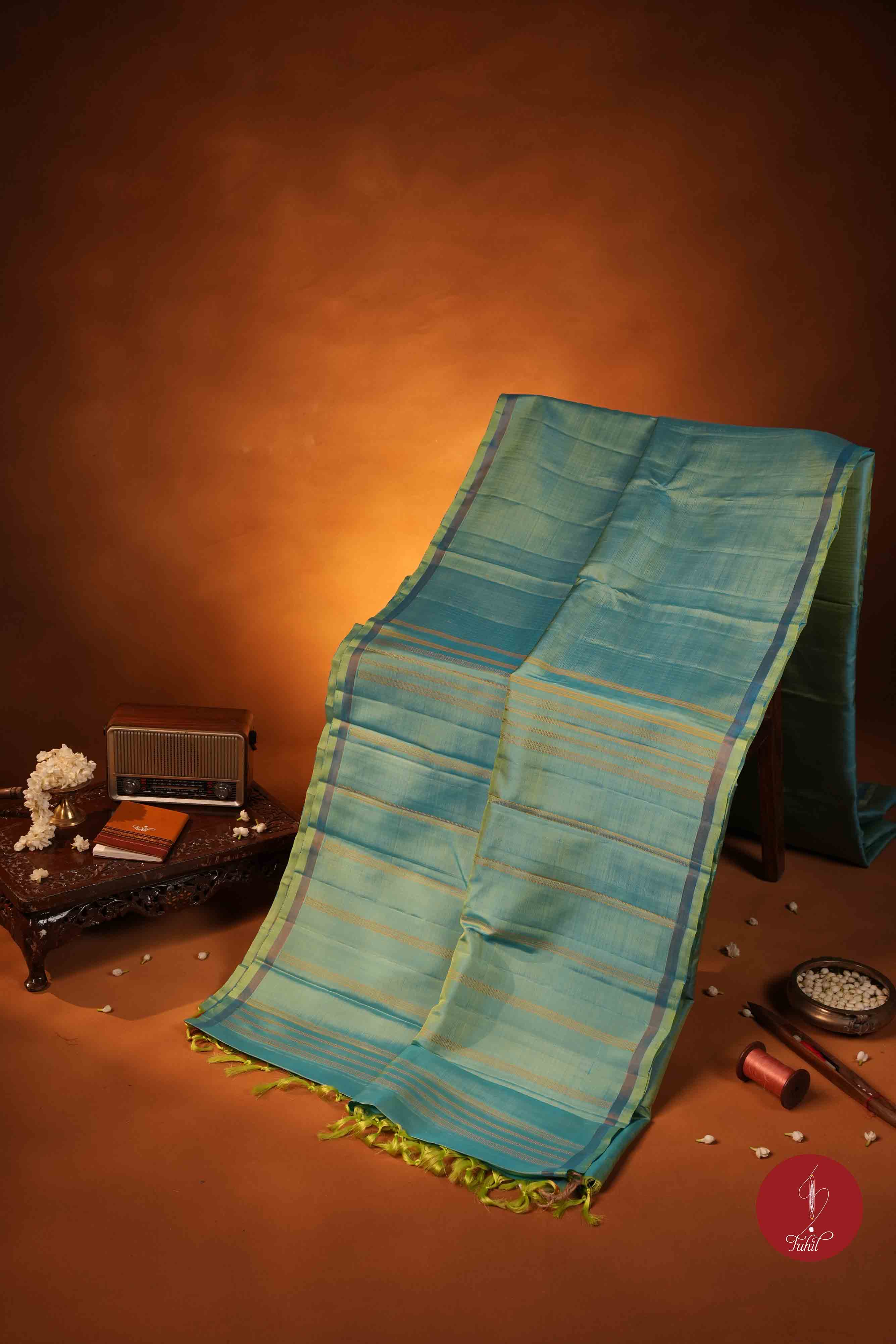 Pure Silk Pure Zari Handloom Kanchipuram Saree - Ananda Blue Green with Dull Gold Muthu Lines