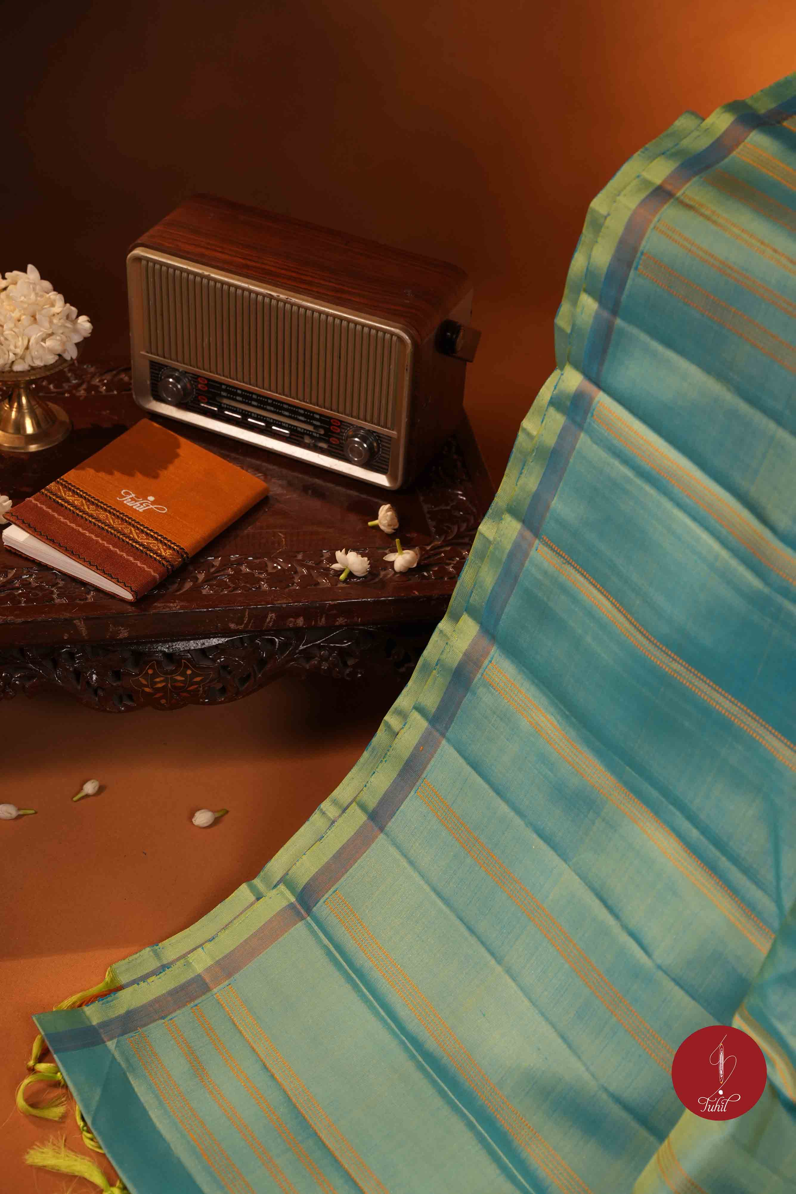 Pure Silk Pure Zari Handloom Kanchipuram Saree - Ananda Blue Green with Dull Gold Muthu Lines