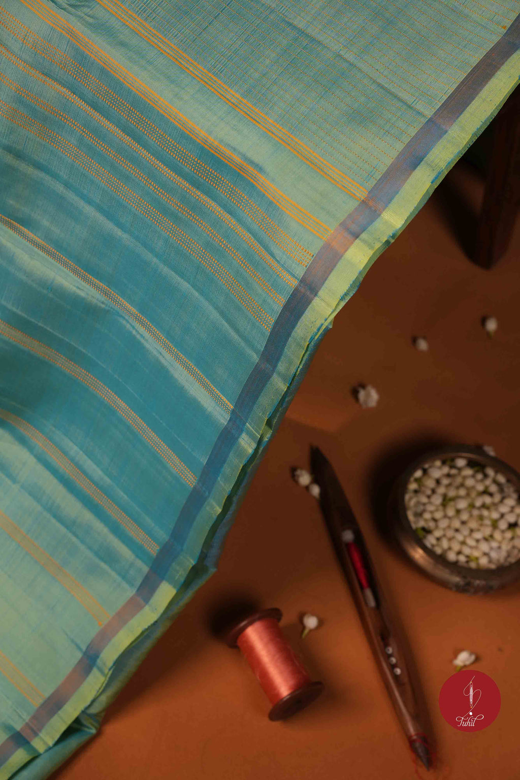 Pure Silk Pure Zari Handloom Kanchipuram Saree - Ananda Blue Green with Dull Gold Muthu Lines