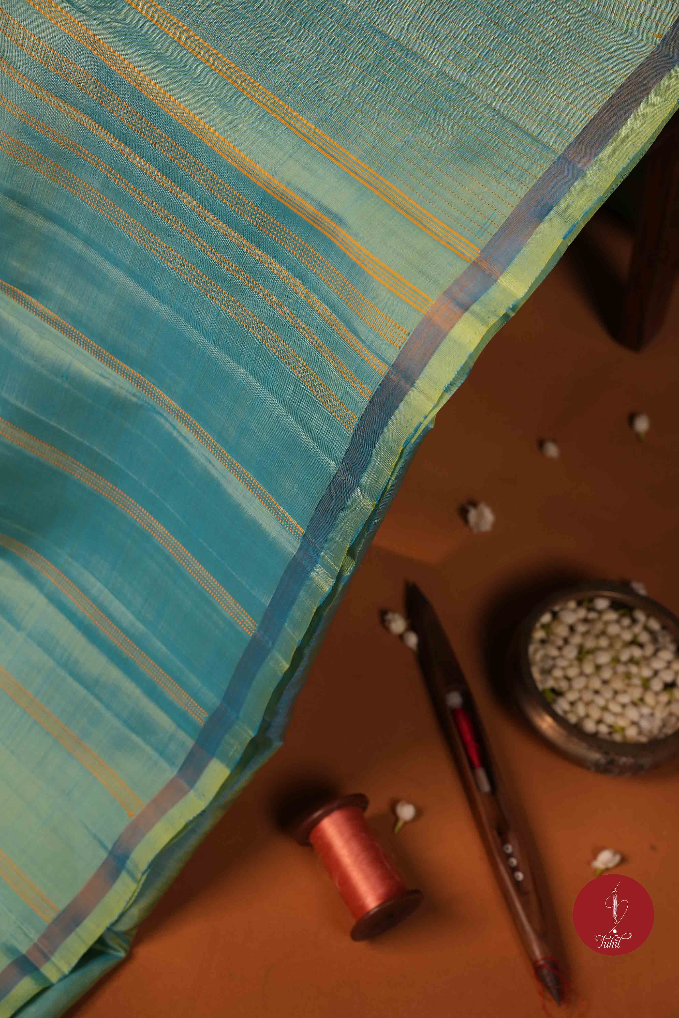 Pure Silk Pure Zari Handloom Kanchipuram Saree - Ananda Blue Green with Dull Gold Muthu Lines
