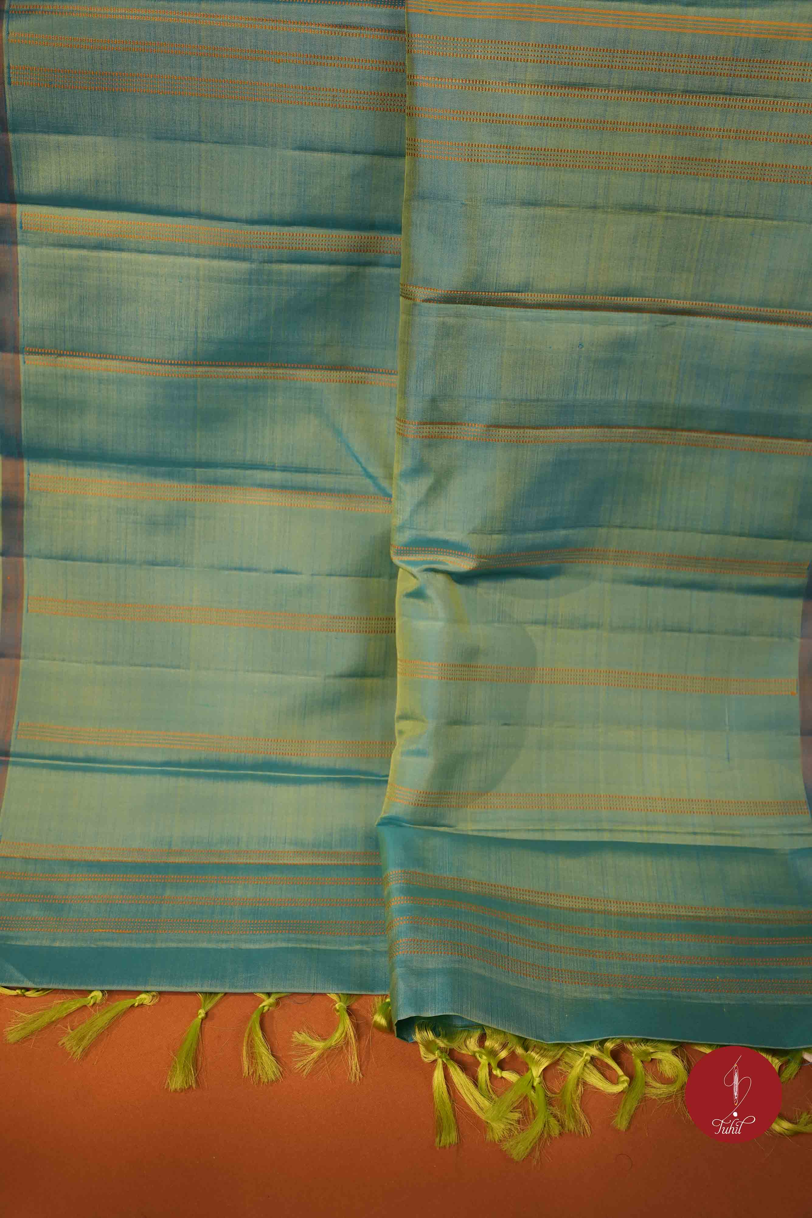 Pure Silk Pure Zari Handloom Kanchipuram Saree - Ananda Blue Green with Dull Gold Muthu Lines