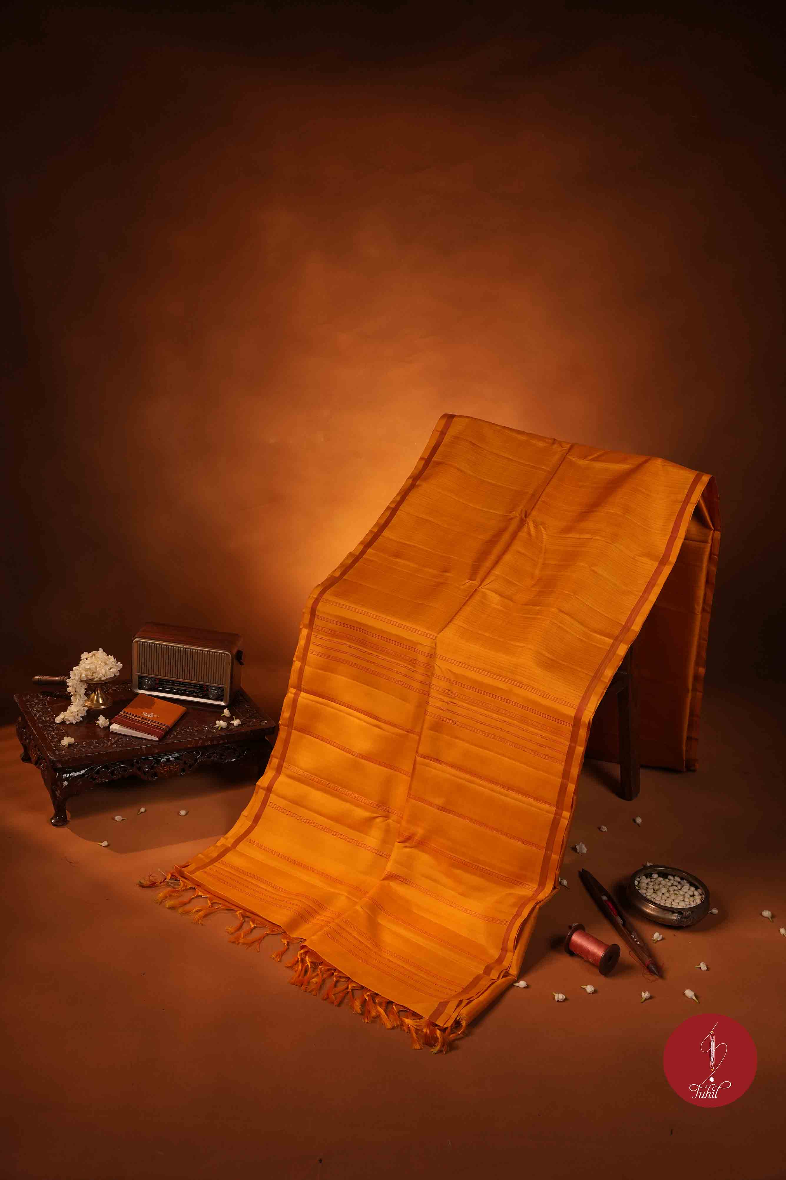 Pure Silk Pure Zari Handloom Kanchipuram Saree - Mustard with Green and Red Muthu Lines