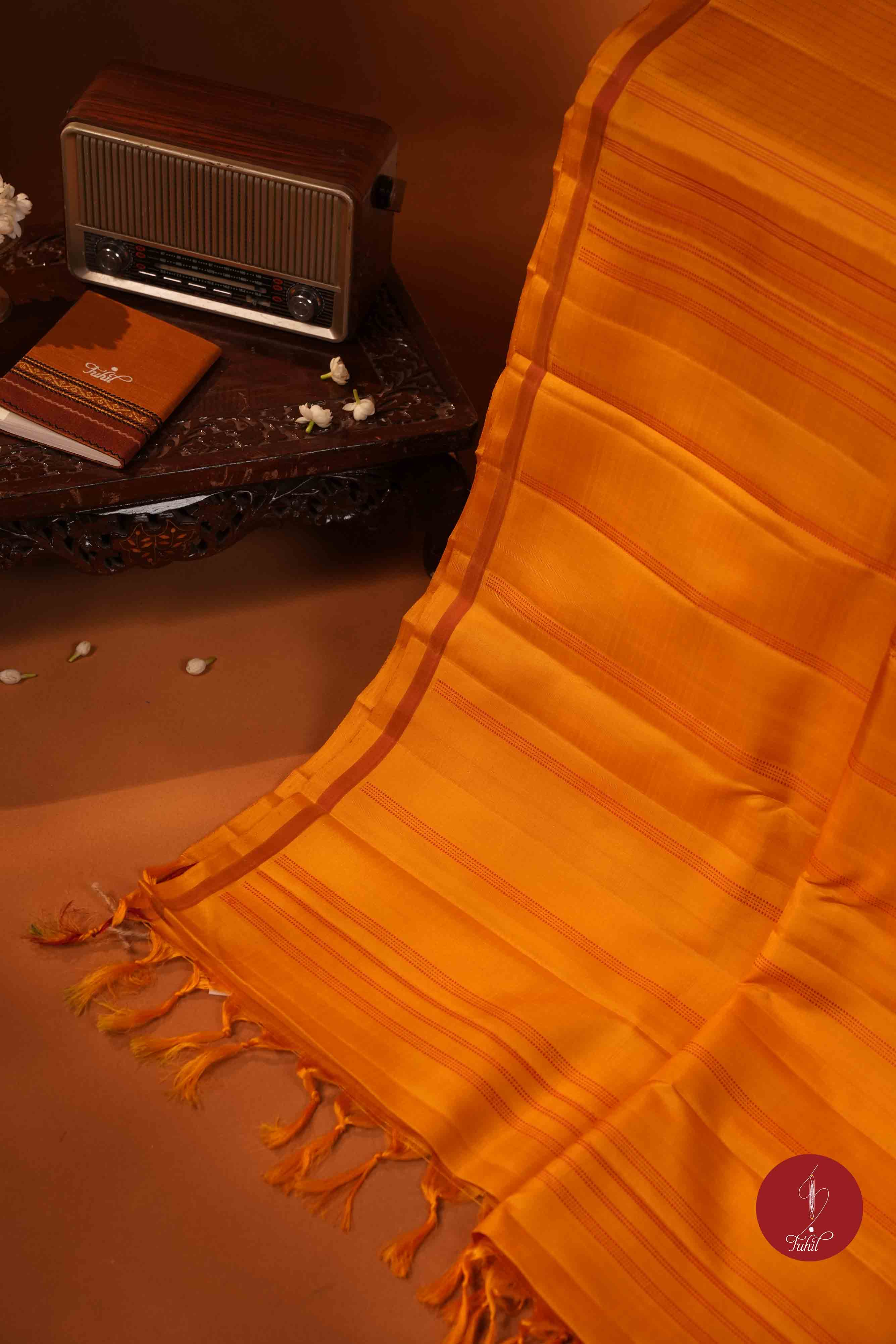 Pure Silk Pure Zari Handloom Kanchipuram Saree - Mustard with Green and Red Muthu Lines