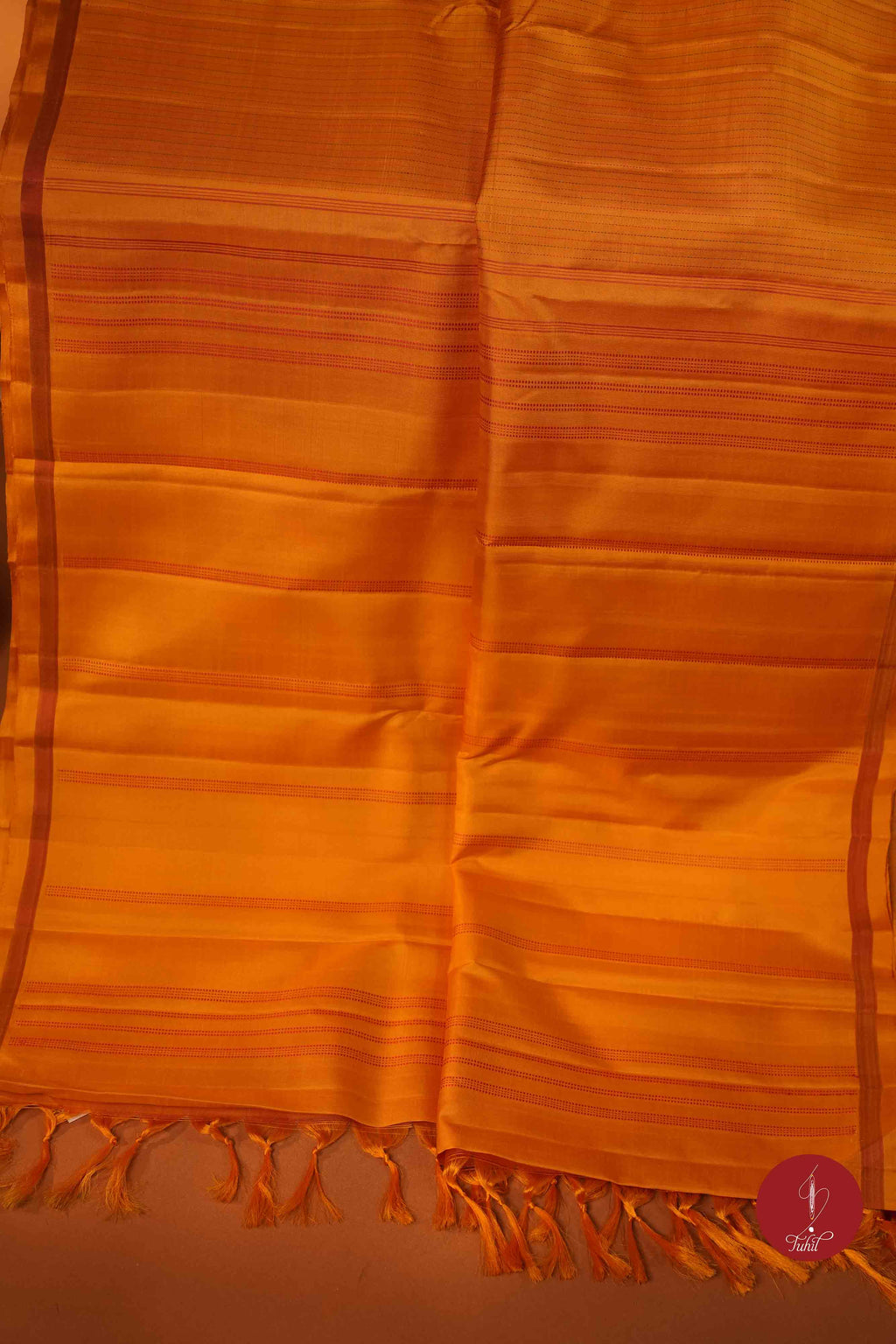 Pure Silk Pure Zari Handloom Kanchipuram Saree - Mustard with Green and Red Muthu Lines