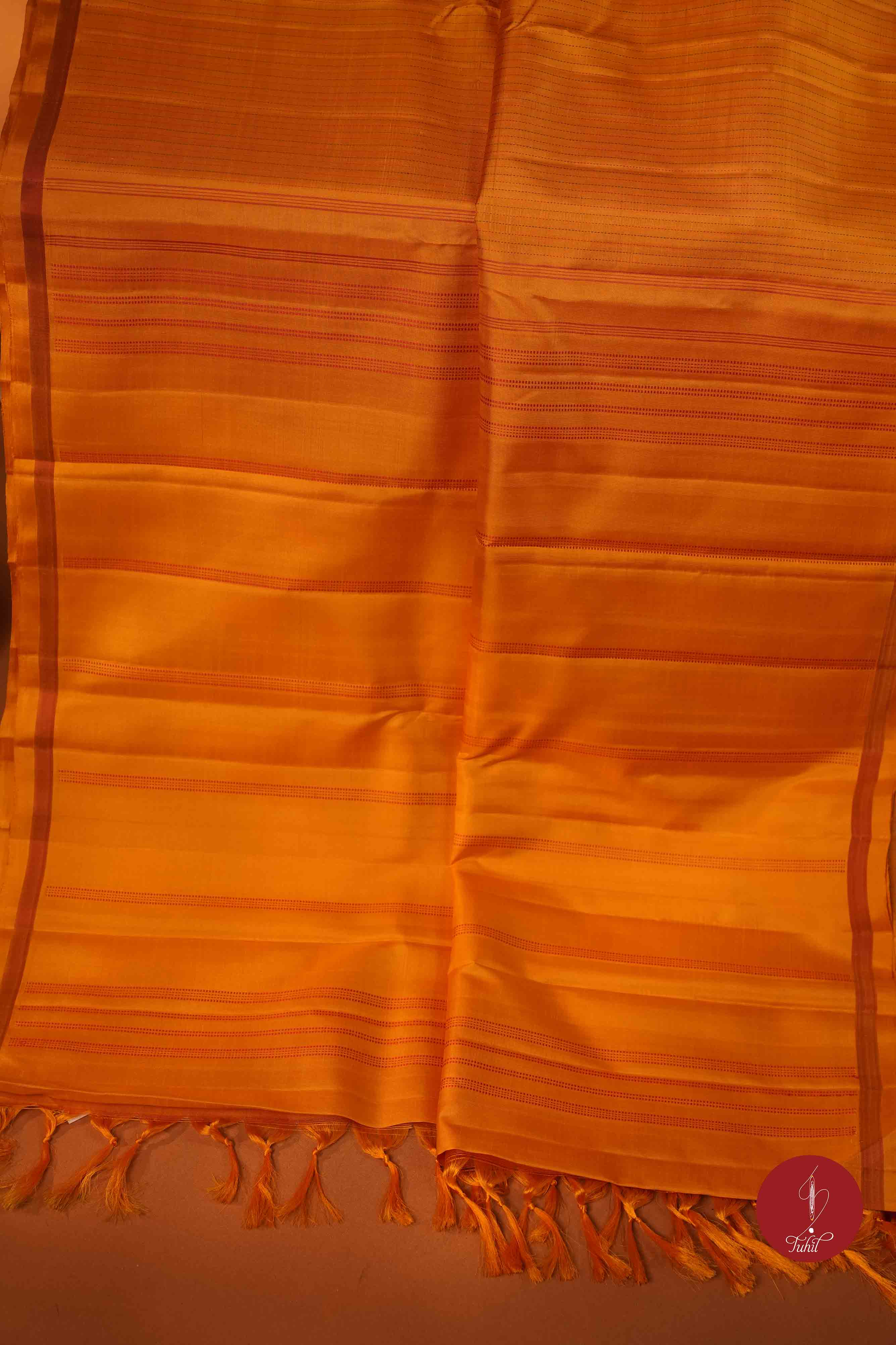 Pure Silk Pure Zari Handloom Kanchipuram Saree - Mustard with Green and Red Muthu Lines