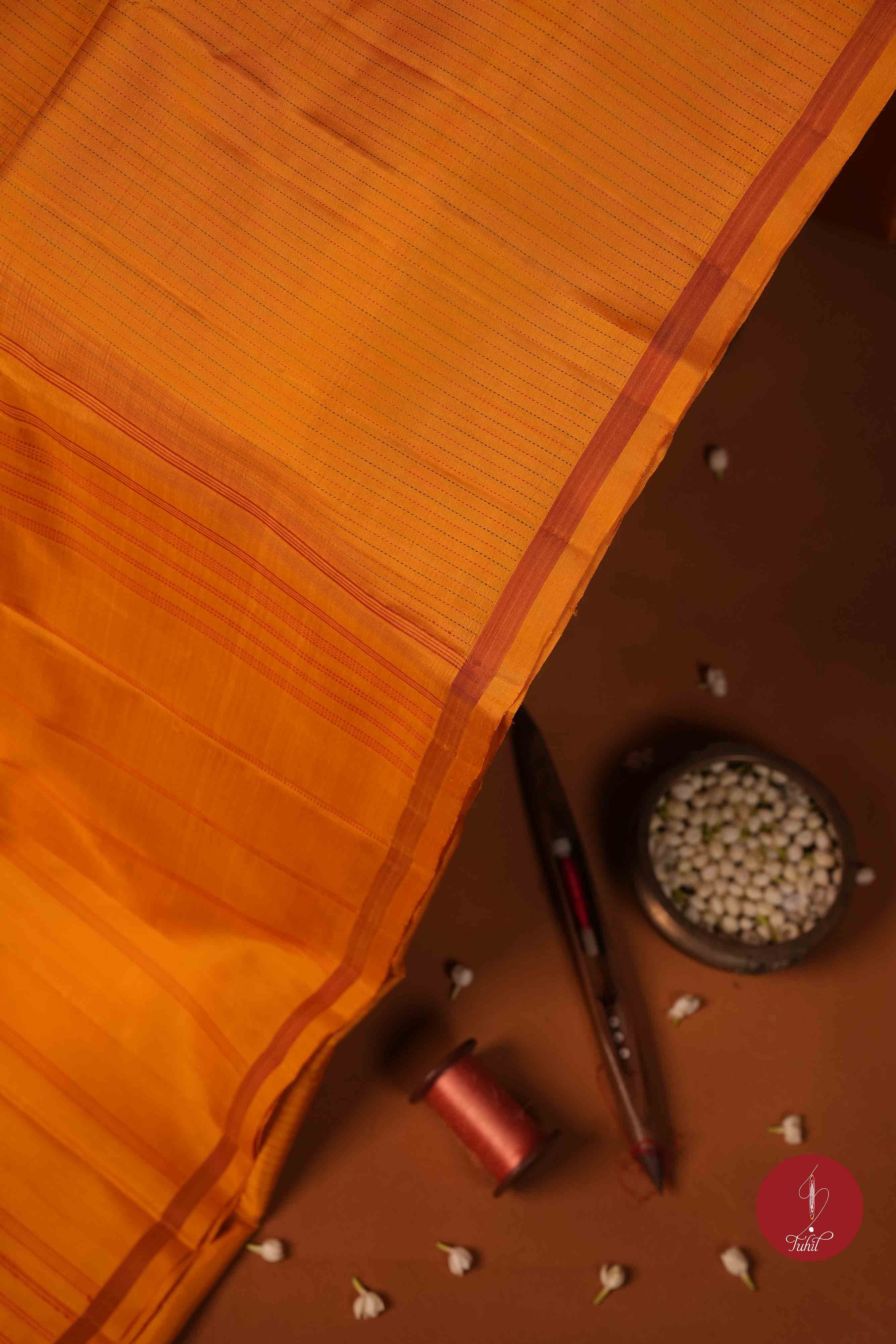 Pure Silk Pure Zari Handloom Kanchipuram Saree - Mustard with Green and Red Muthu Lines