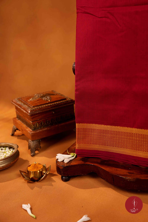 Kanchipuram Silk Cotton Saree - Red with Lime Yellow