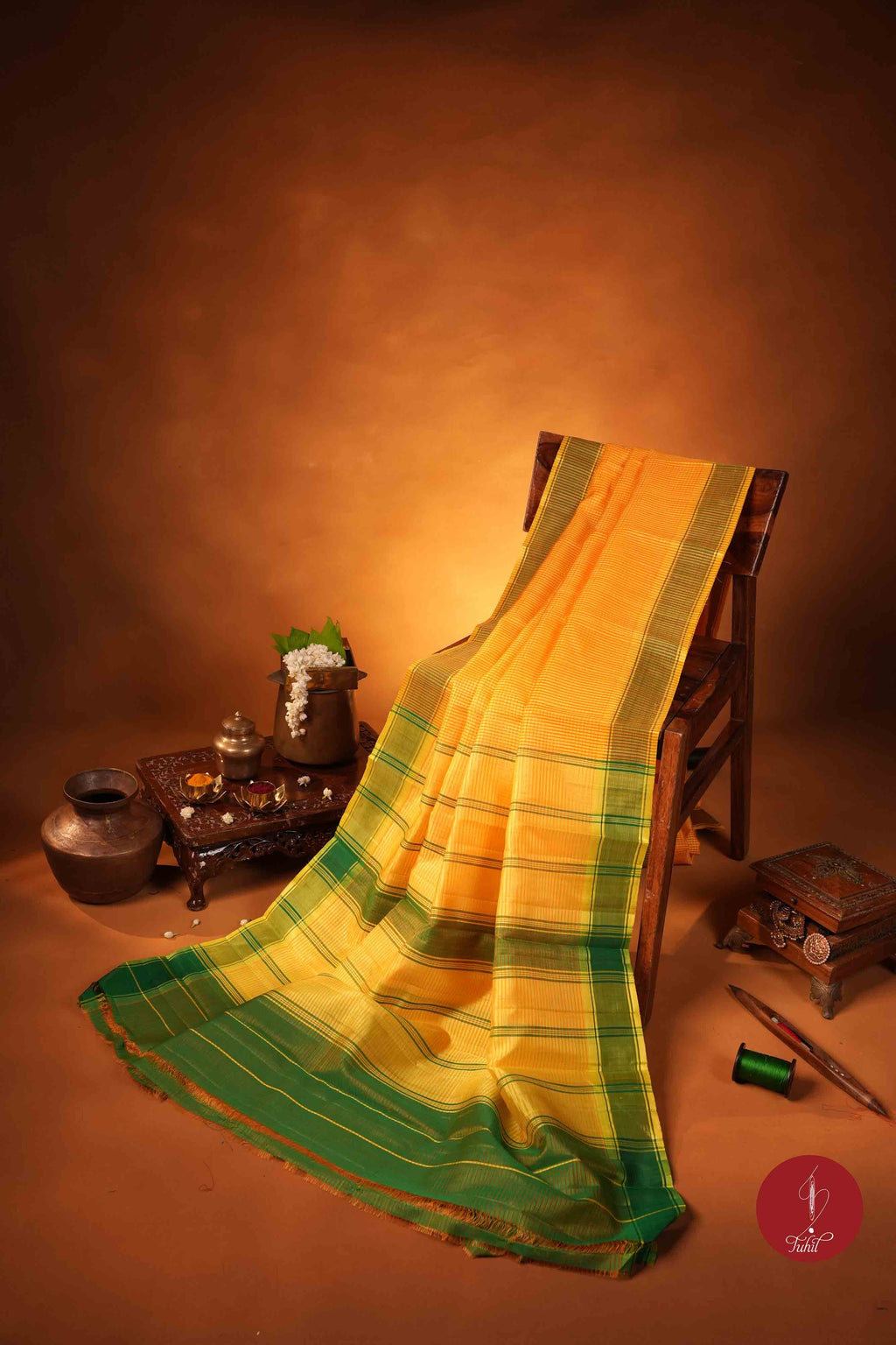 Koorainadu Saree - Silk Cotton - Yellow and coral