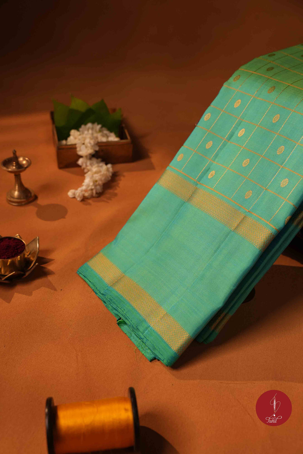 Pure Silk Pure Zari Handloom Kanchipuram Saree - Ananda Blue Green with Dull Gold