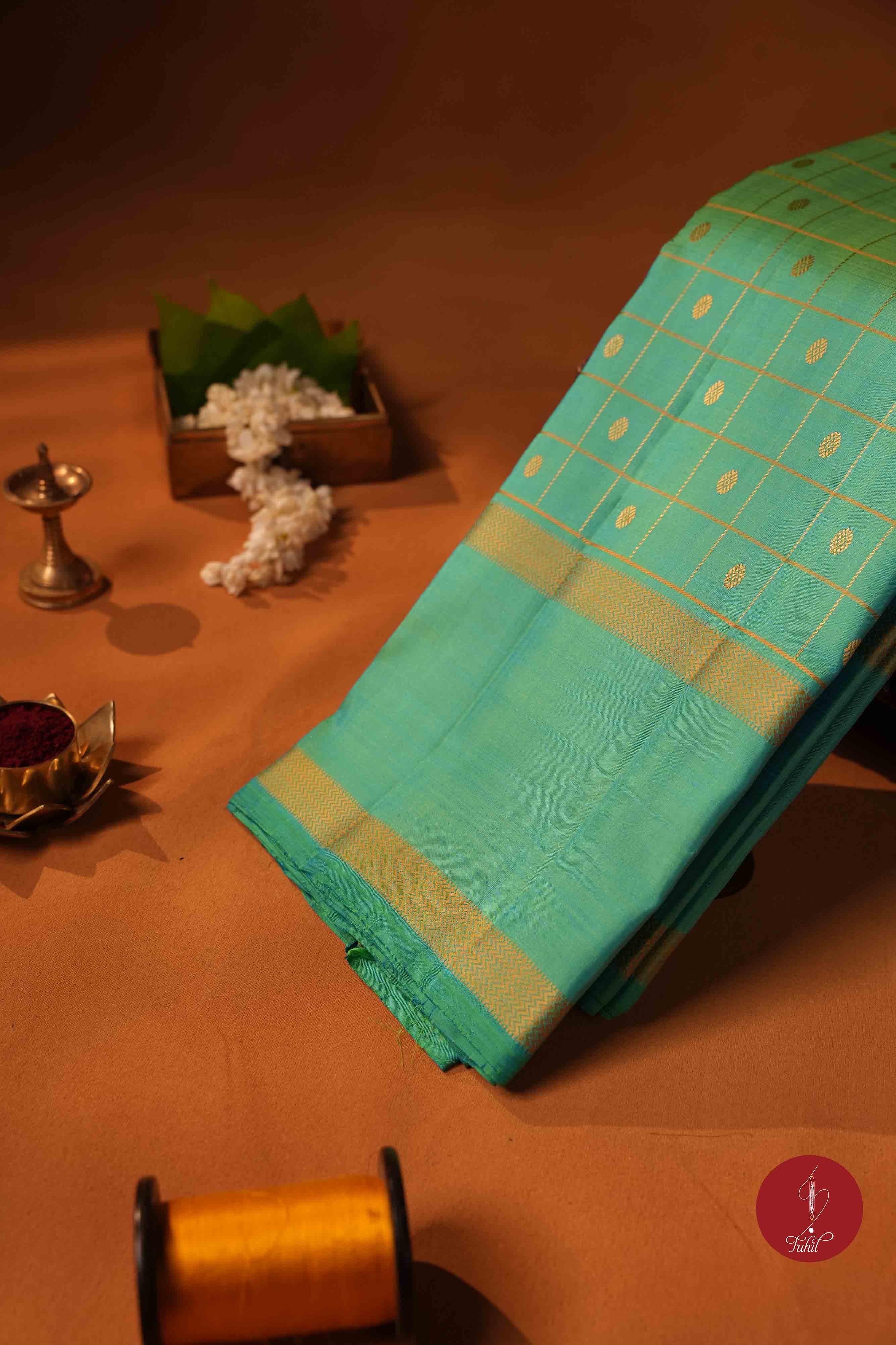 Pure Silk Pure Zari Handloom Kanchipuram Saree - Ananda Blue Green with Dull Gold