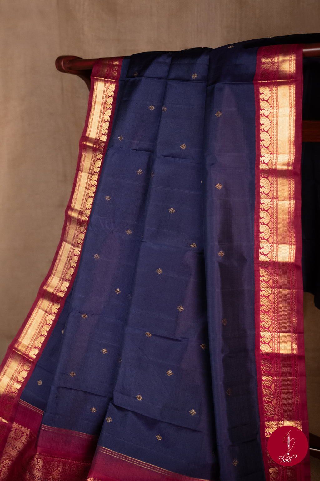 Pure Silk Pure Zari Handloom Kanchipuram Saree - Navy Blue with Deep Maroon