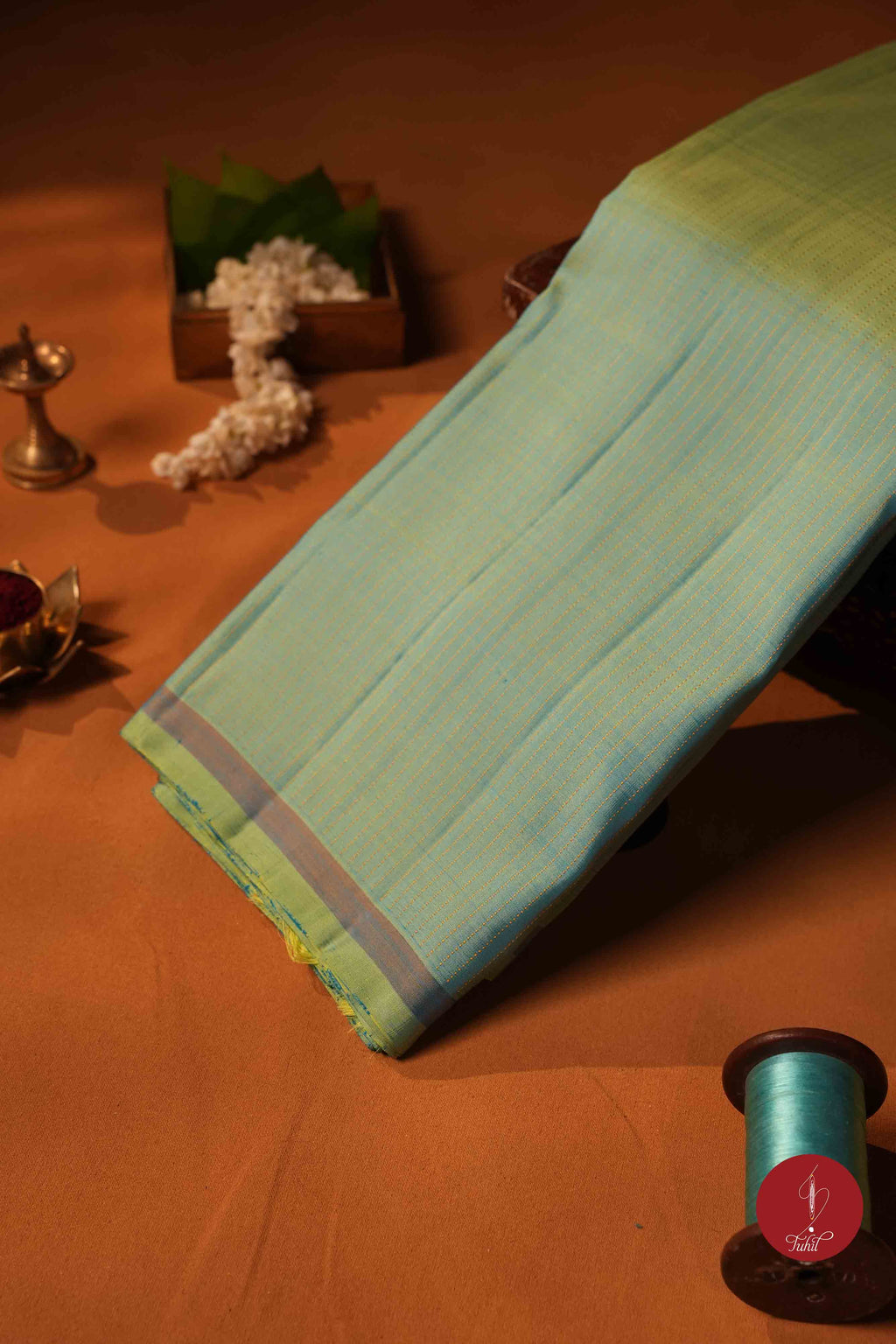 Pure Silk Pure Zari Handloom Kanchipuram Saree - Ananda Blue Green with Dull Gold Muthu Lines