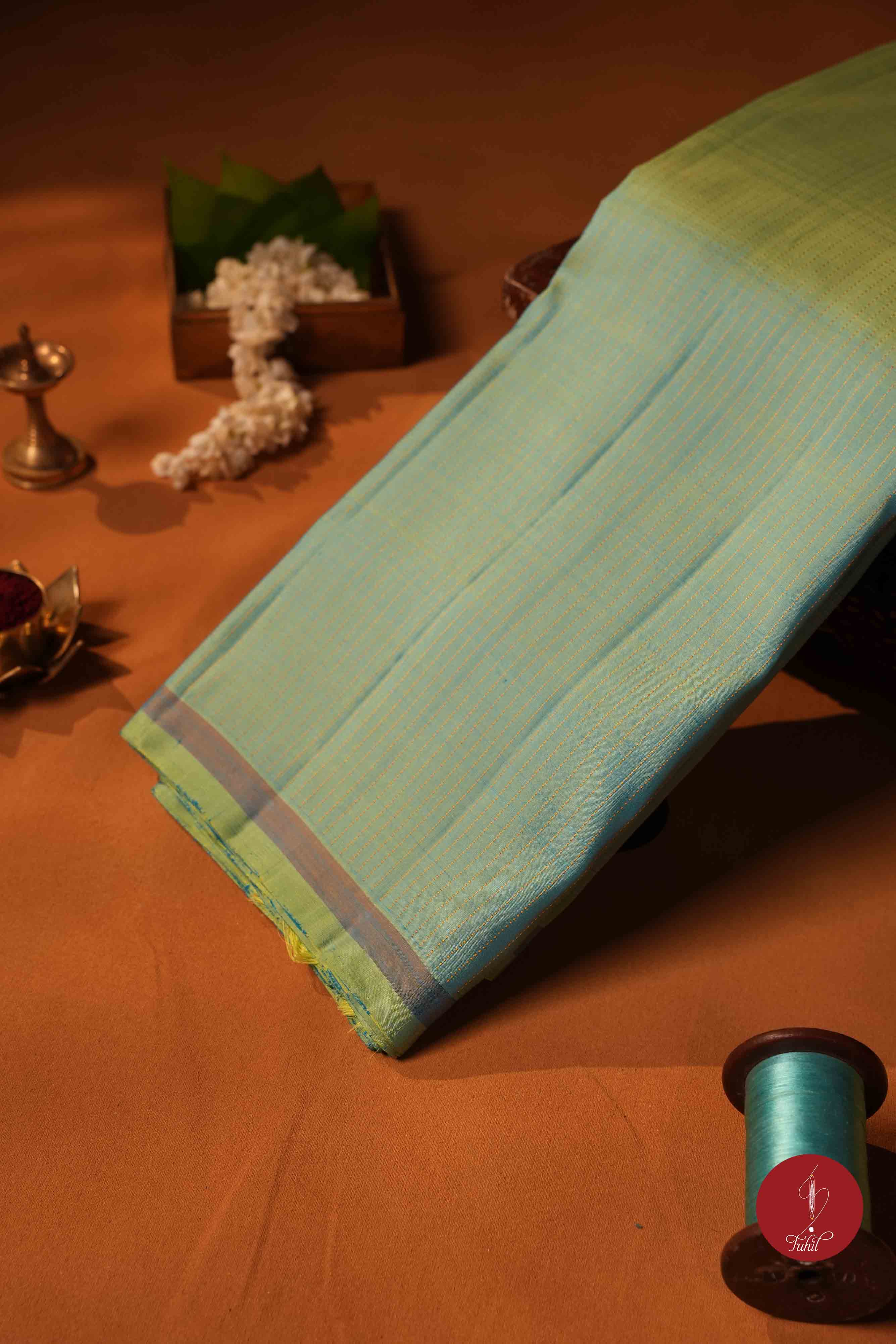 Pure Silk Pure Zari Handloom Kanchipuram Saree - Ananda Blue Green with Dull Gold Muthu Lines
