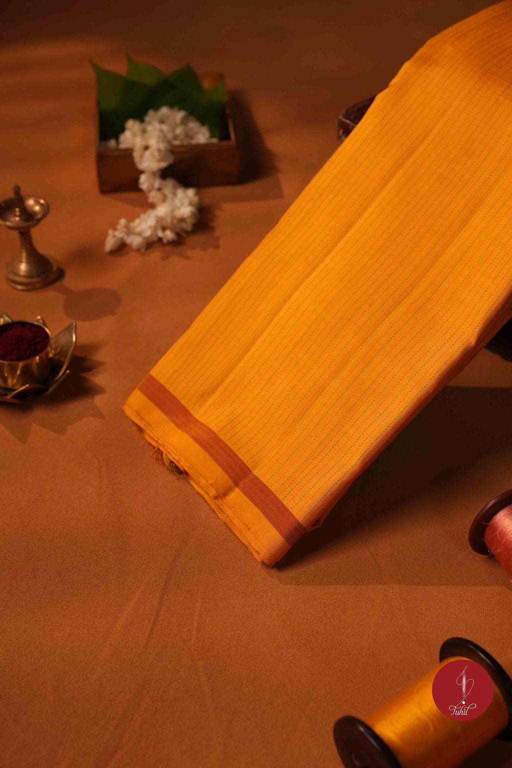 Pure Silk Pure Zari Handloom Kanchipuram Saree - Mustard with Green and Red Muthu Lines