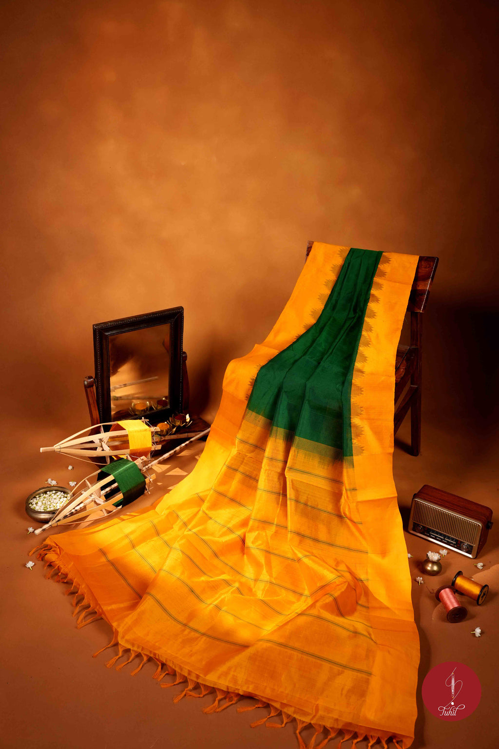 Kanchipuram Silk Cotton - Green with Yellow Mustard
