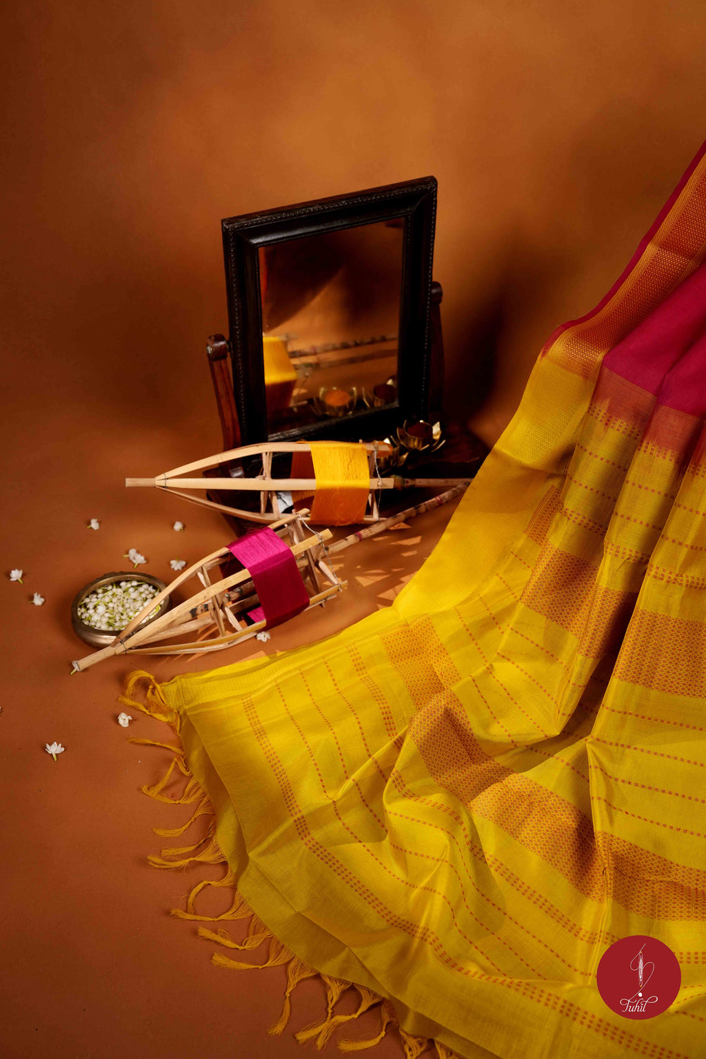Kanchipuram Silk Cotton Saree - Red with Lime Yellow