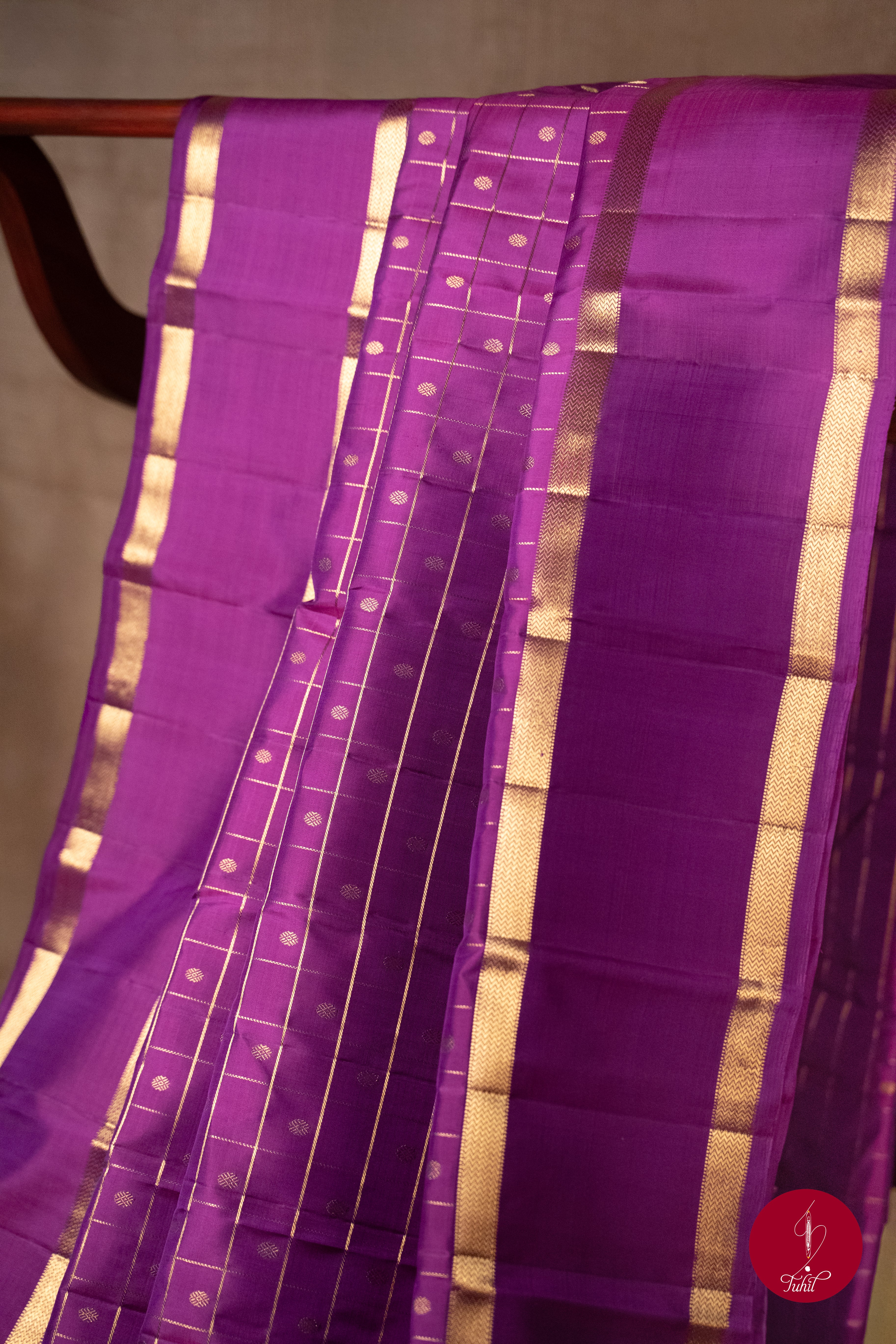 Pure Silk Pure Zari Handloom Kanchipuram Saree - Purple with Gold Rettai Pettu