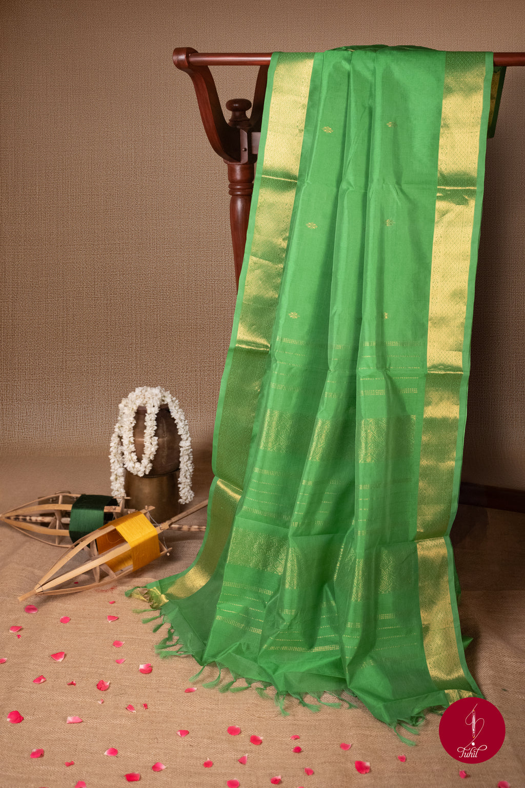 Kanchipuram Silk Cotton Saree - Parrot Green