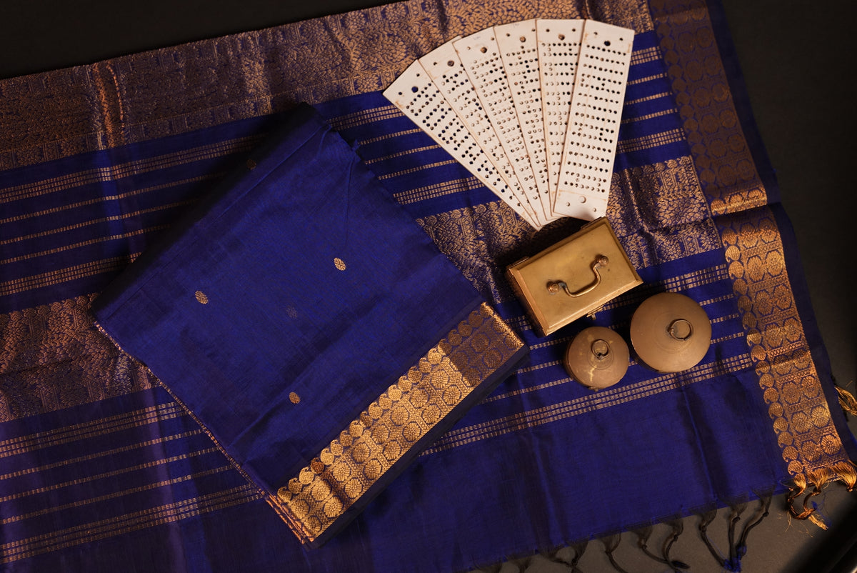 Kanchipuram Silk Cotton Saree * Tanishq Singapore - Pushpa Vriksha - Royal Blue
