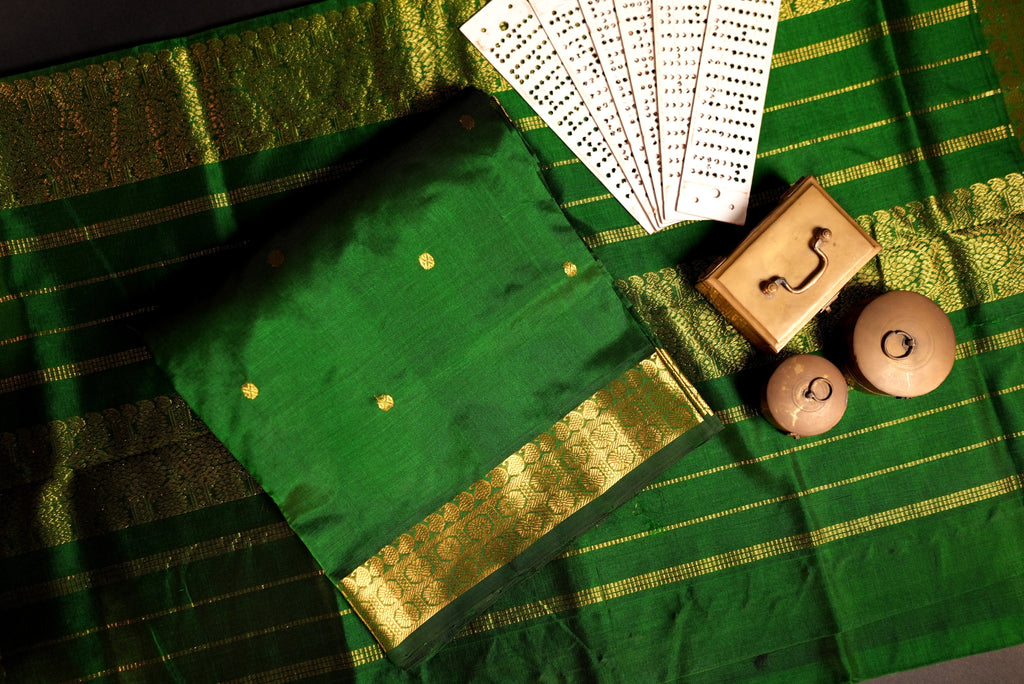 Kanchipuram Silk Cotton Saree * Tanishq Singapore - Pushpa Vriksha - Bottle Green