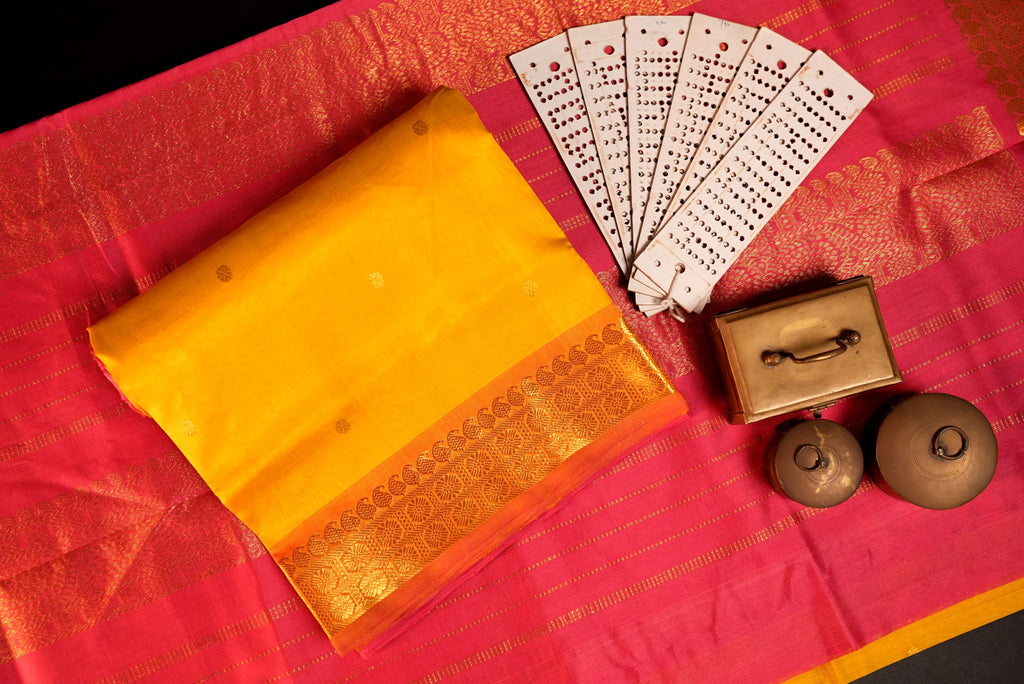 Kanchipuram Silk Cotton Saree * Tanishq Singapore - Pushpa Vriksha - Yellow with Pink