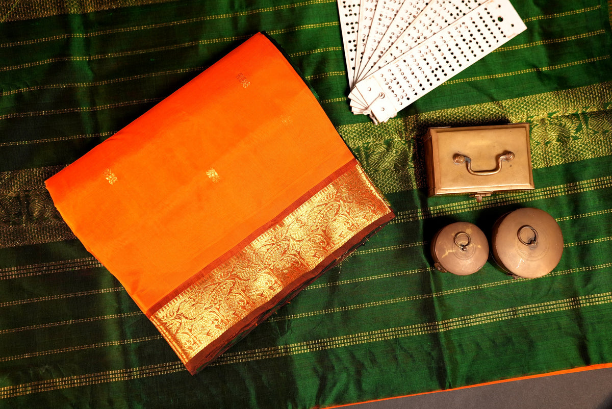 Kanchipuram Silk Cotton Saree * Tanishq Singapore - Mrugha - Orange and Bottle Green