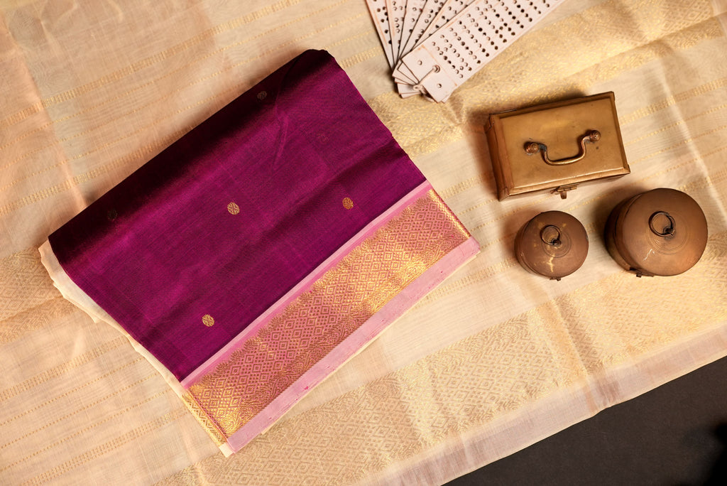 Kanchipuram Silk Cotton Saree * Tanishq Singapore - Aalayam - Magenta with Pearl White