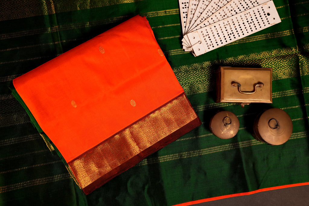 Kanchipuram Silk Cotton Saree * Tanishq Singapore - Aalayam - Orange with Bottle Green