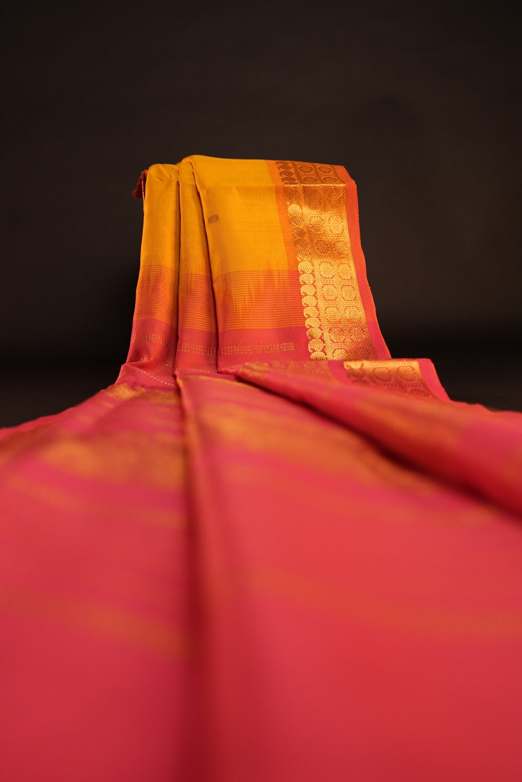 Kanchipuram Silk Cotton Saree * Tanishq Singapore - Pushpa Vriksha - Yellow with Pink