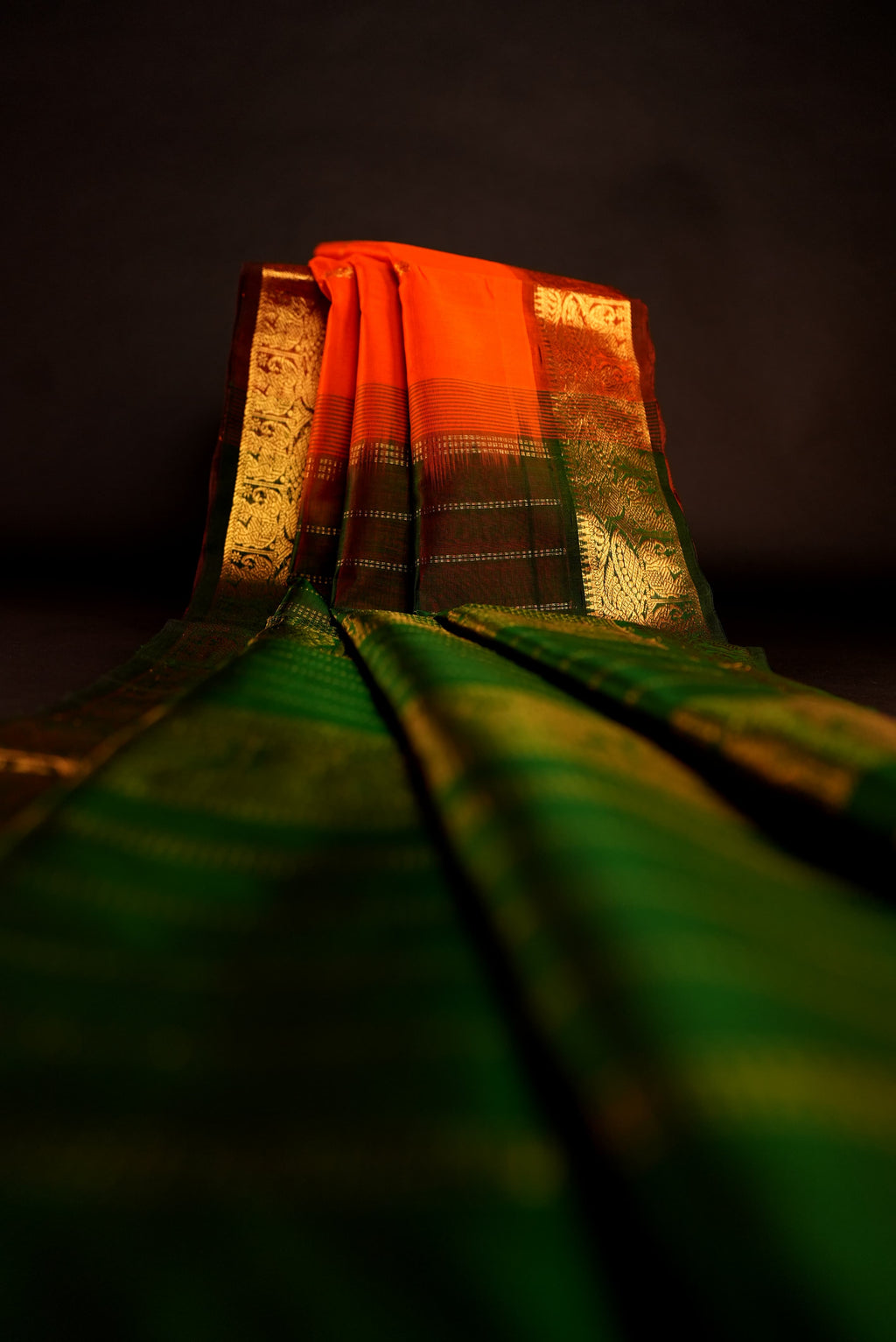 Kanchipuram Silk Cotton Saree * Tanishq Singapore - Mrugha - Orange and Bottle Green