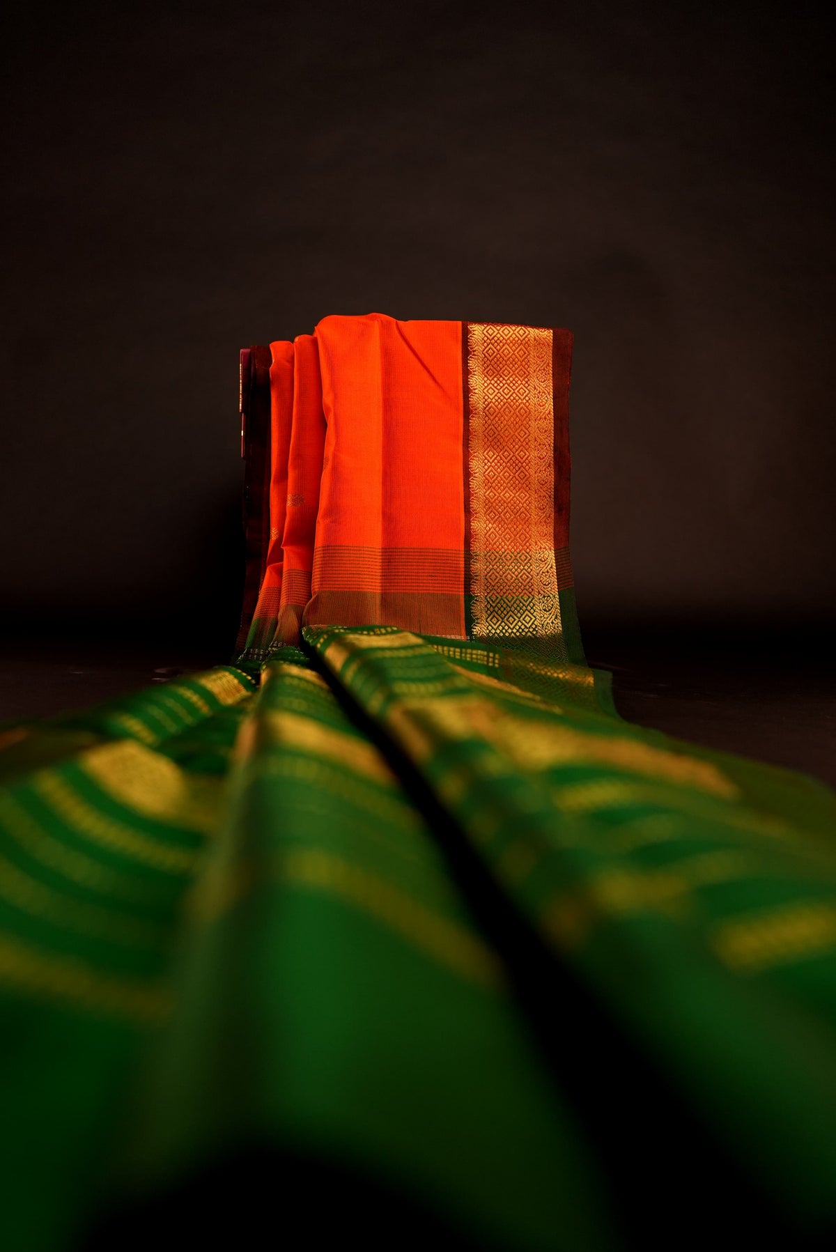 Kanchipuram Silk Cotton Saree * Tanishq Singapore - Aalayam - Orange with Bottle Green