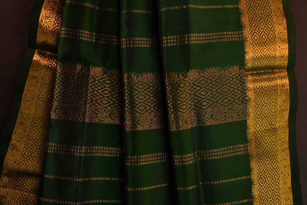 Kanchipuram Silk Cotton Saree * Tanishq Singapore - Aalayam - Orange with Bottle Green