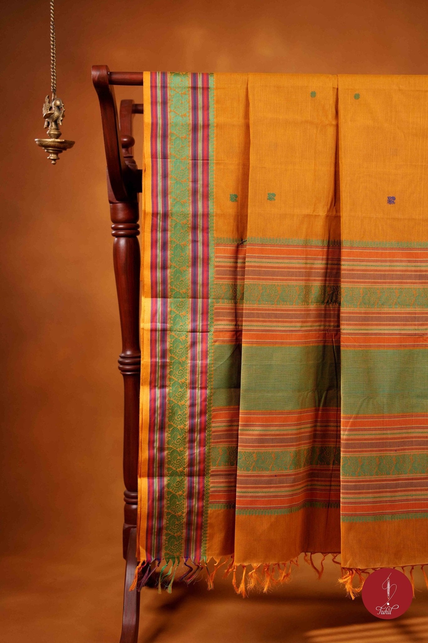 Handloom Cotton Saree - Mustard with green - House of Tuhil