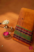 Handloom Cotton Saree - Mustard with green - House of Tuhil