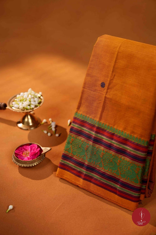 Handloom Cotton Saree - Mustard with green - House of Tuhil