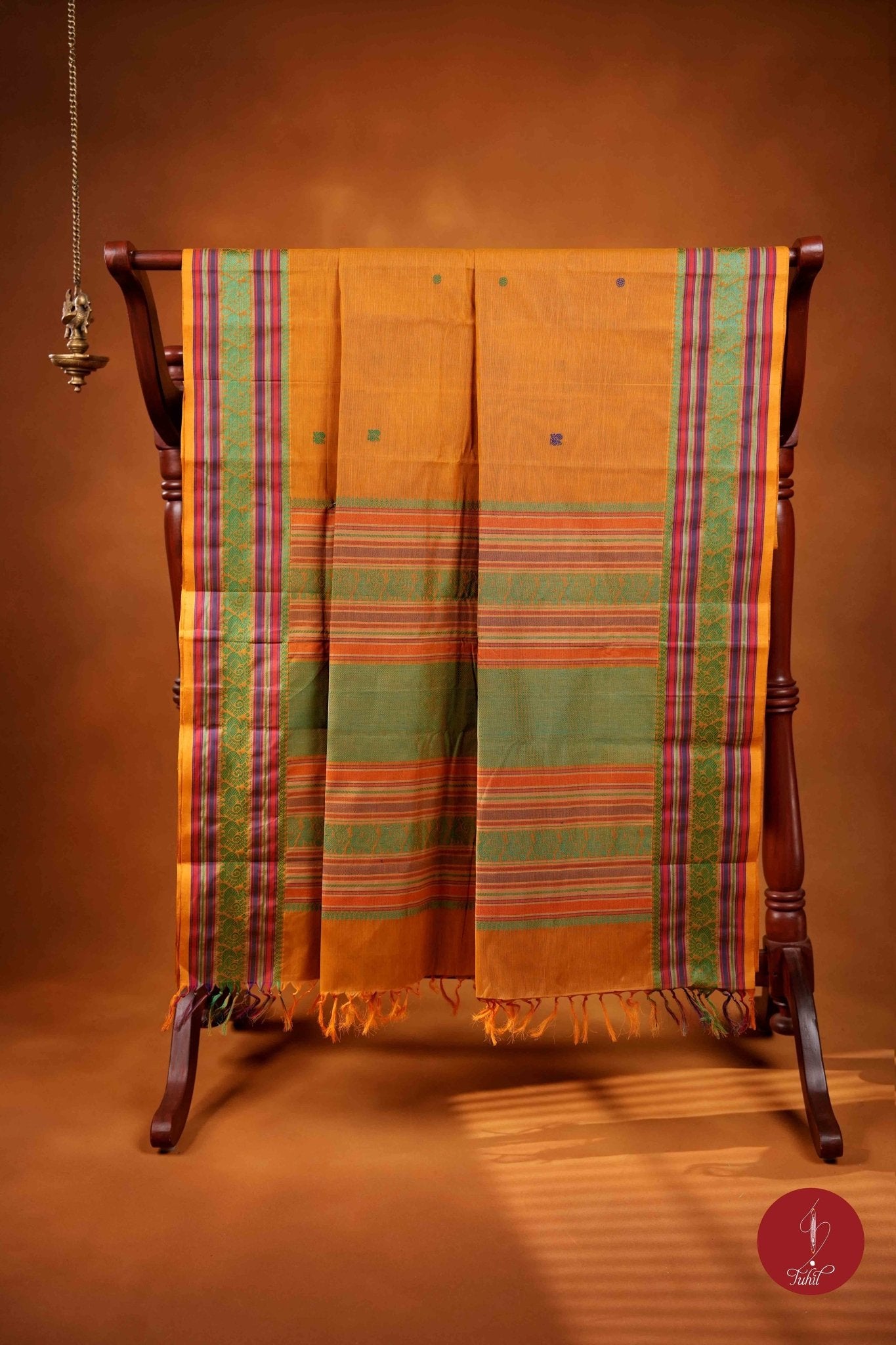 Handloom Cotton Saree - Mustard with green - House of Tuhil